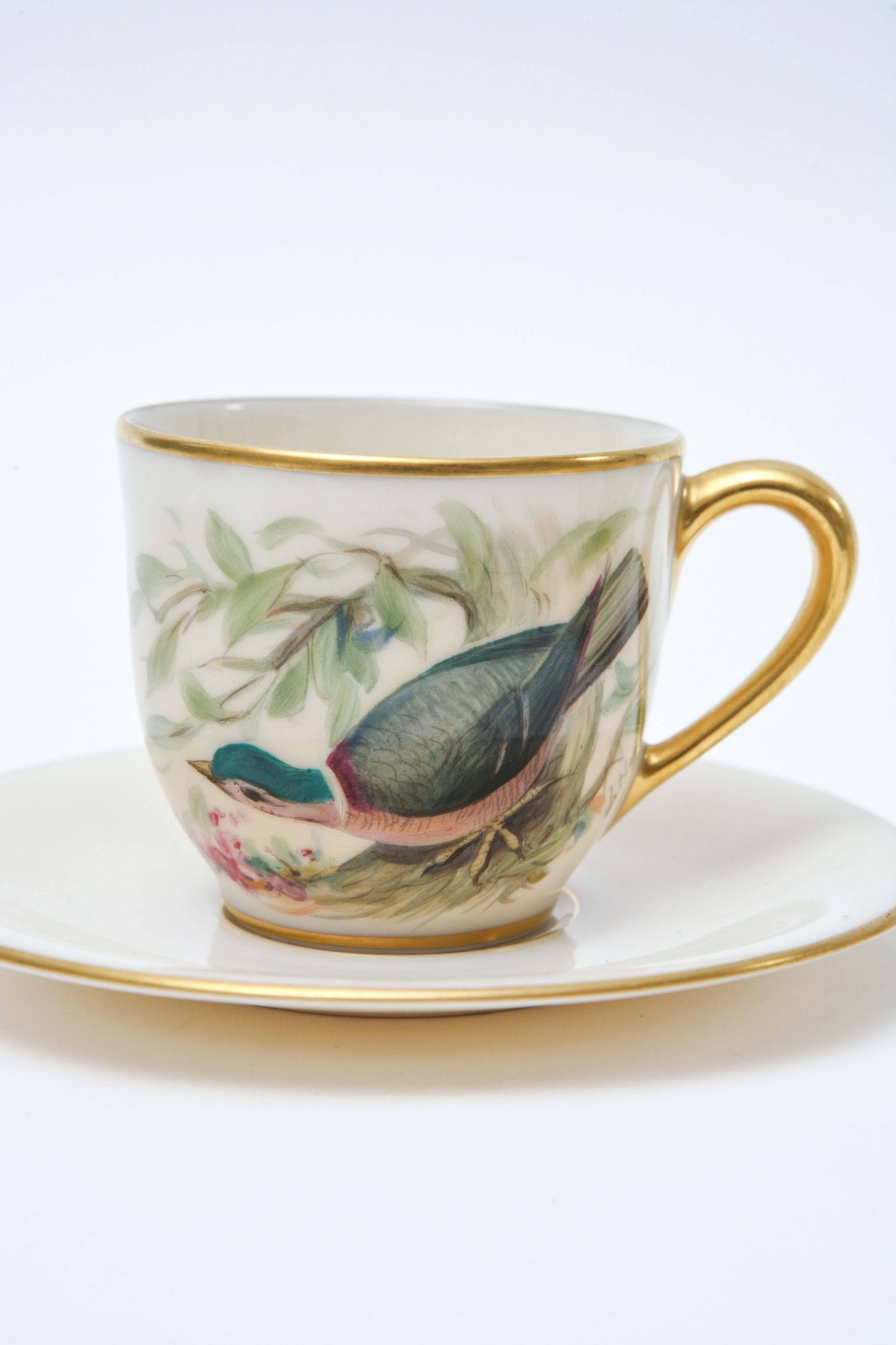 Six Charming Hand-Painted Song Bird Cup and Saucers, Vintage Lenox In Good Condition In West Palm Beach, FL