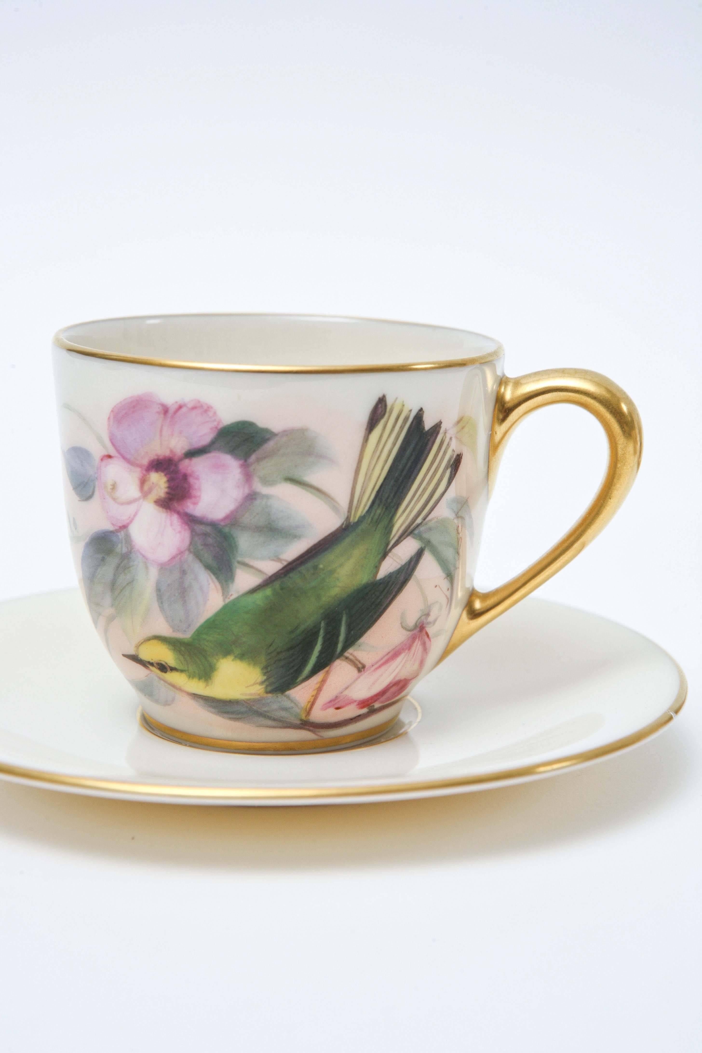 Mid-20th Century Six Charming Hand-Painted Song Bird Cup and Saucers, Vintage Lenox