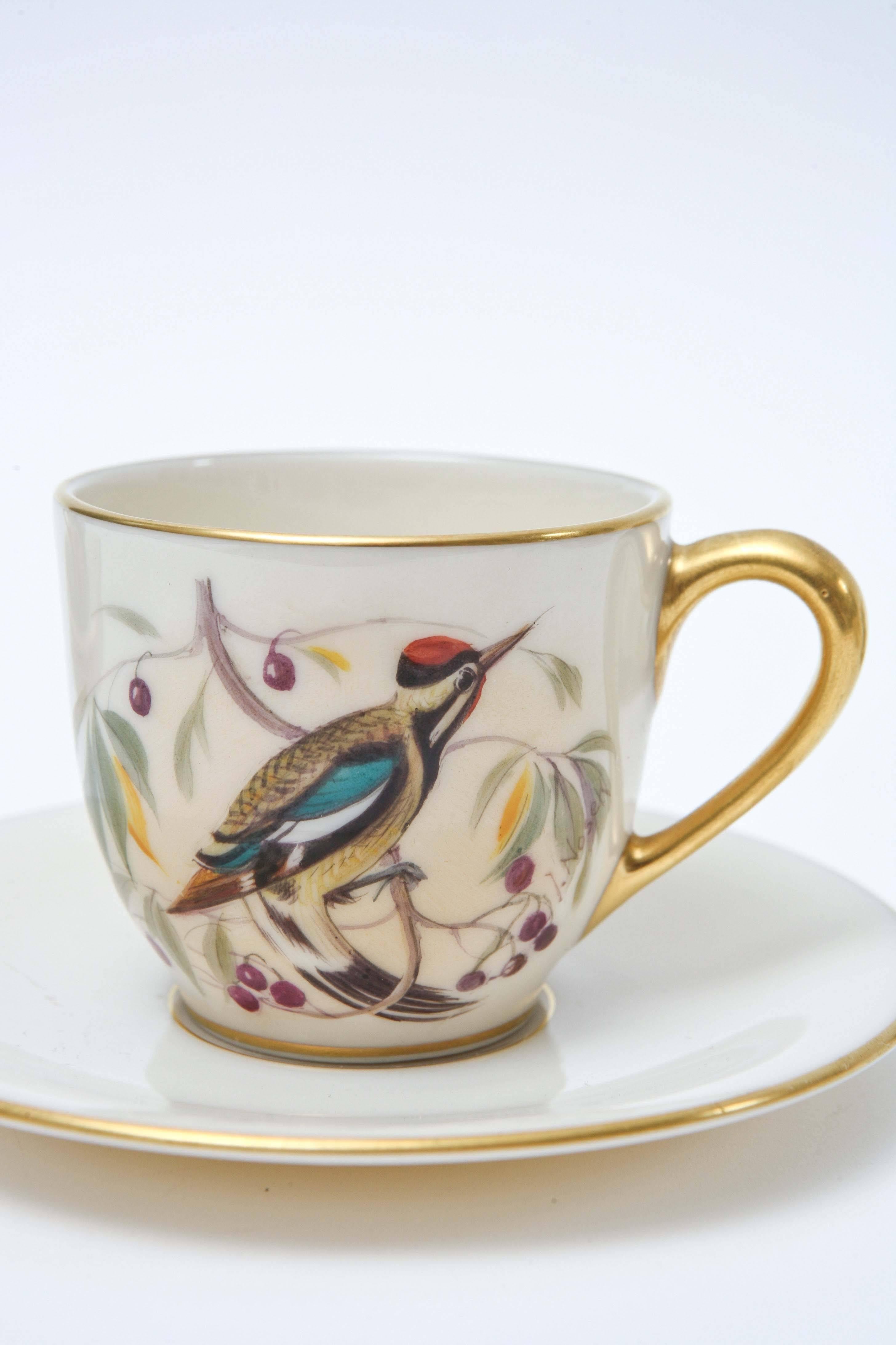 Gold Six Charming Hand-Painted Song Bird Cup and Saucers, Vintage Lenox