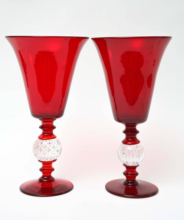 Pair of Antique Red Glass Vases with Controlled Bubble Bases, Pairpoint