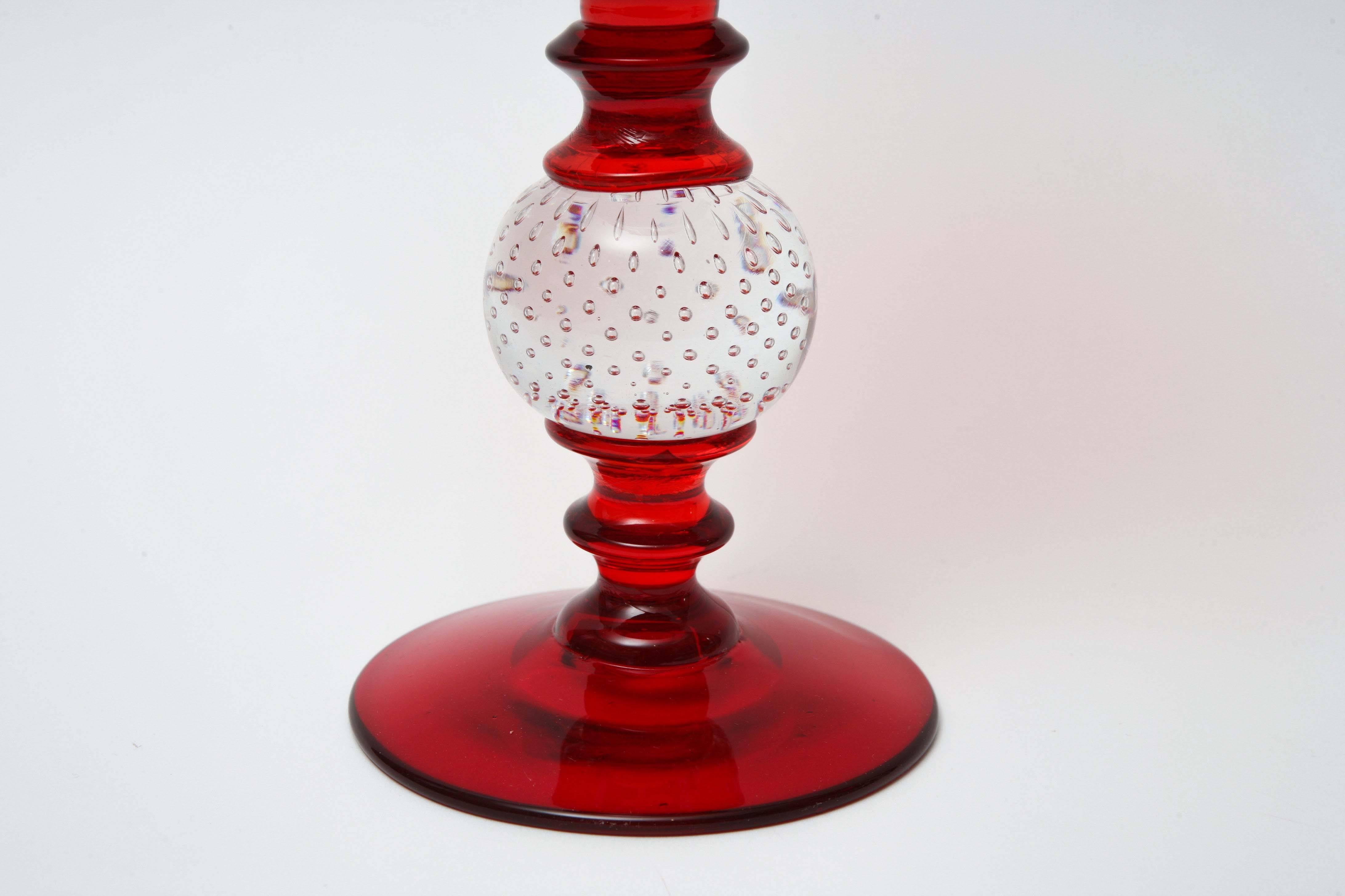 Hand-Crafted Pair of Antique Red Glass Vases with Controlled Bubble Bases, Pairpoint