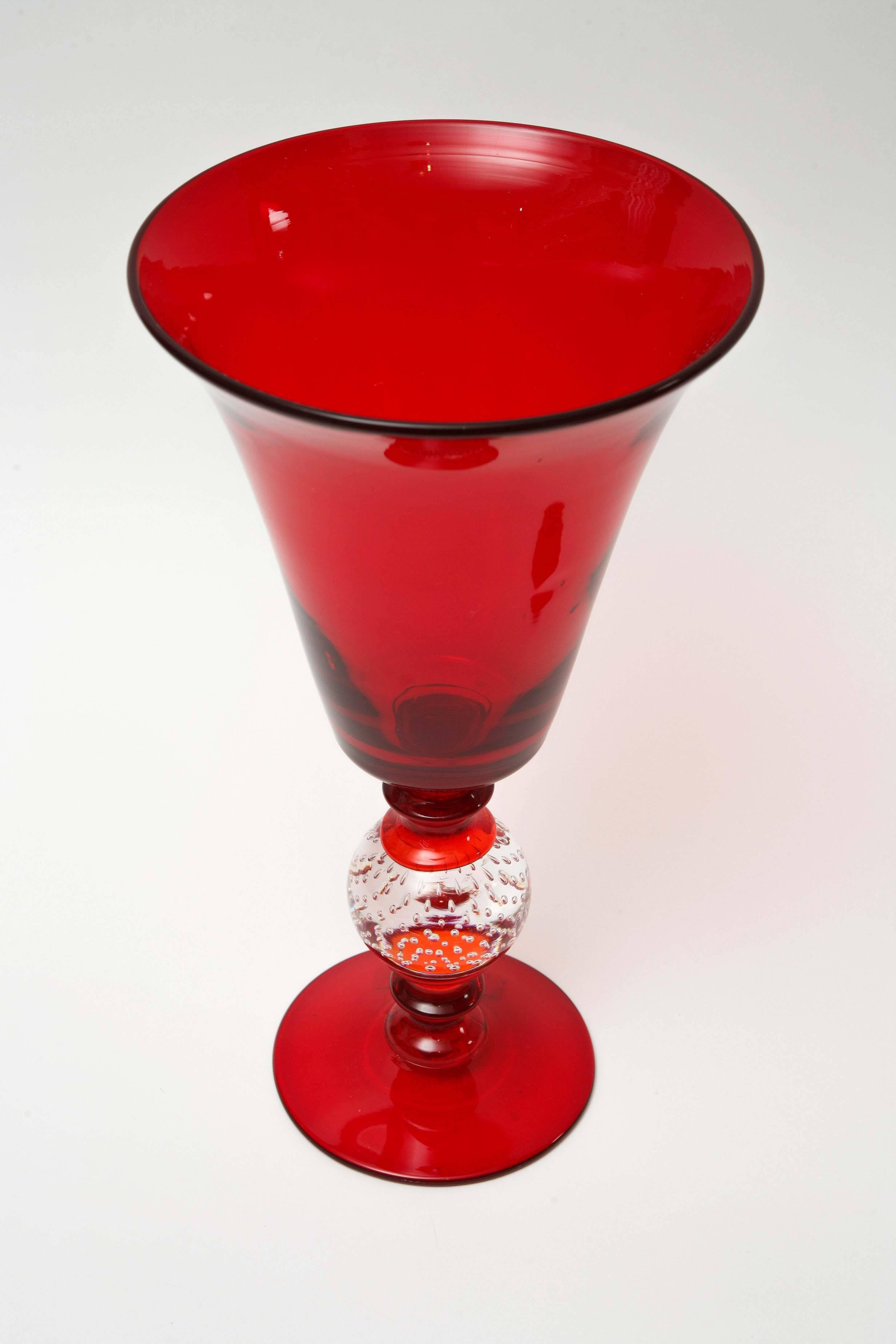 Mid-20th Century Pair of Antique Red Glass Vases with Controlled Bubble Bases, Pairpoint