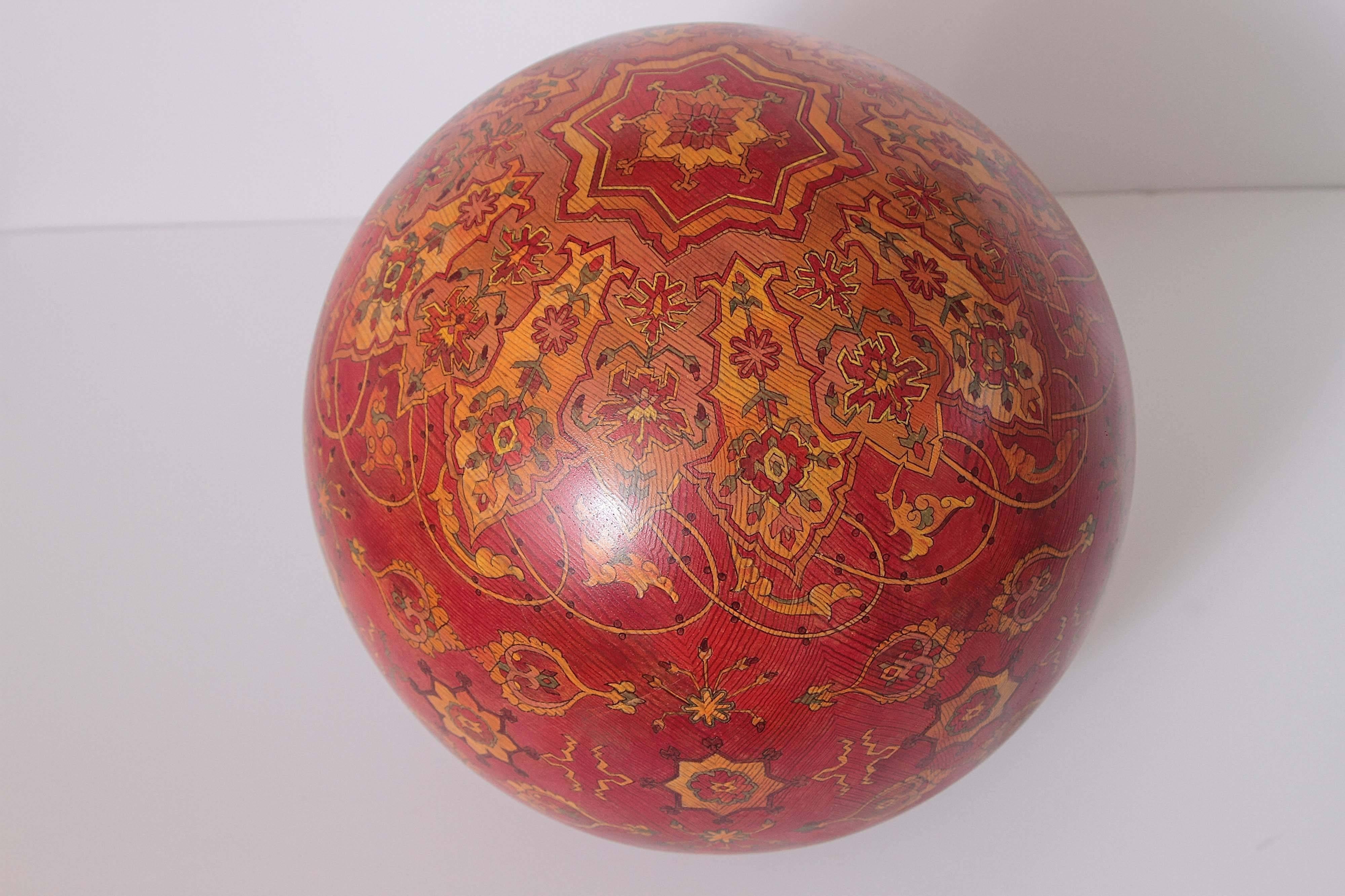 A stunning and-sculpted solid sugar pine sphere sculpture with archival ink drawn designs and hand-painted with watercolor. This piece has been hand-sealed and museum waxed by artist Michael Stallings. This was painted in the early 2000’s. Inspired