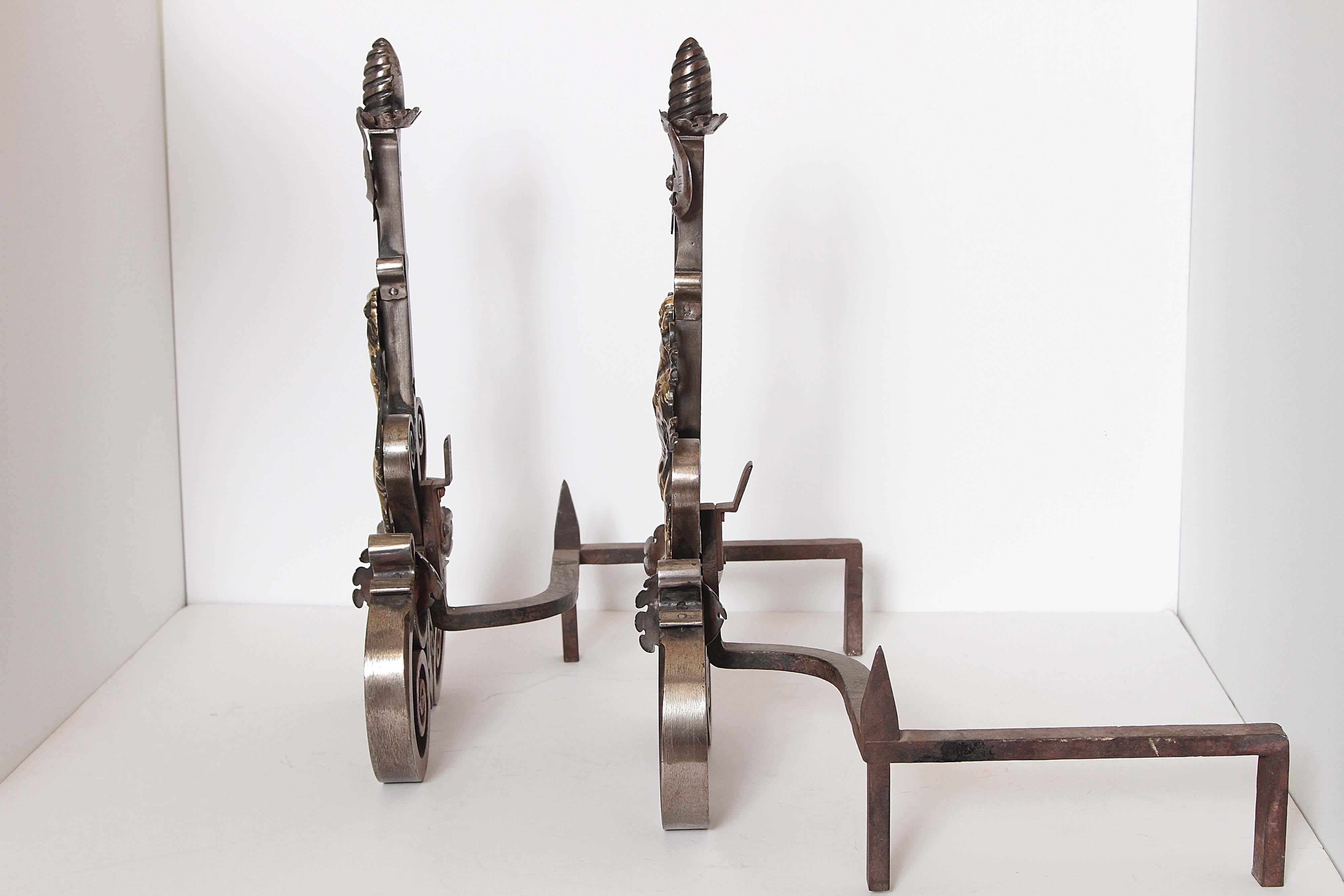 Pair of Hand-Wrought Andirons with Bronze Dragons In Good Condition For Sale In Dallas, TX