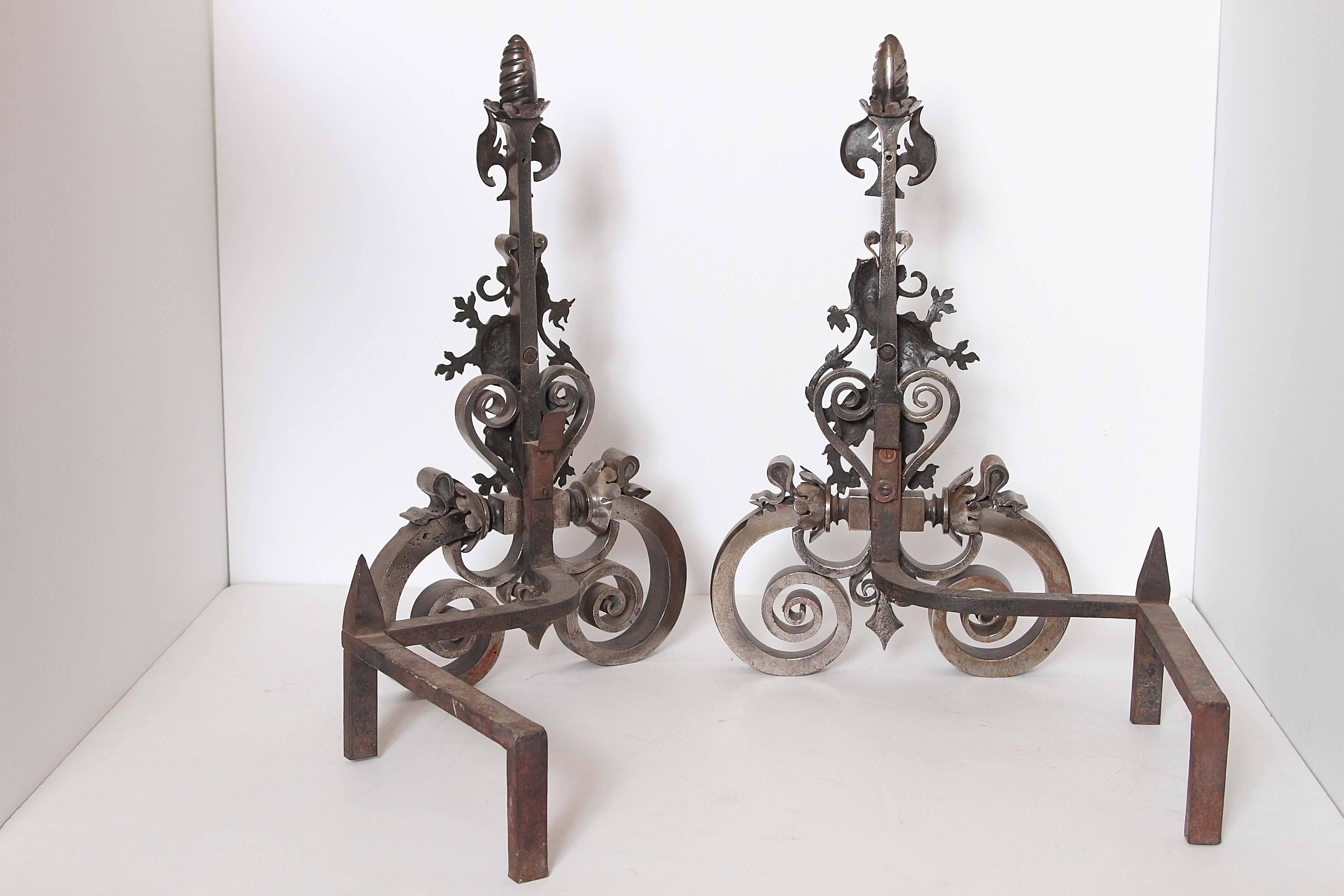 20th Century Pair of Hand-Wrought Andirons with Bronze Dragons For Sale