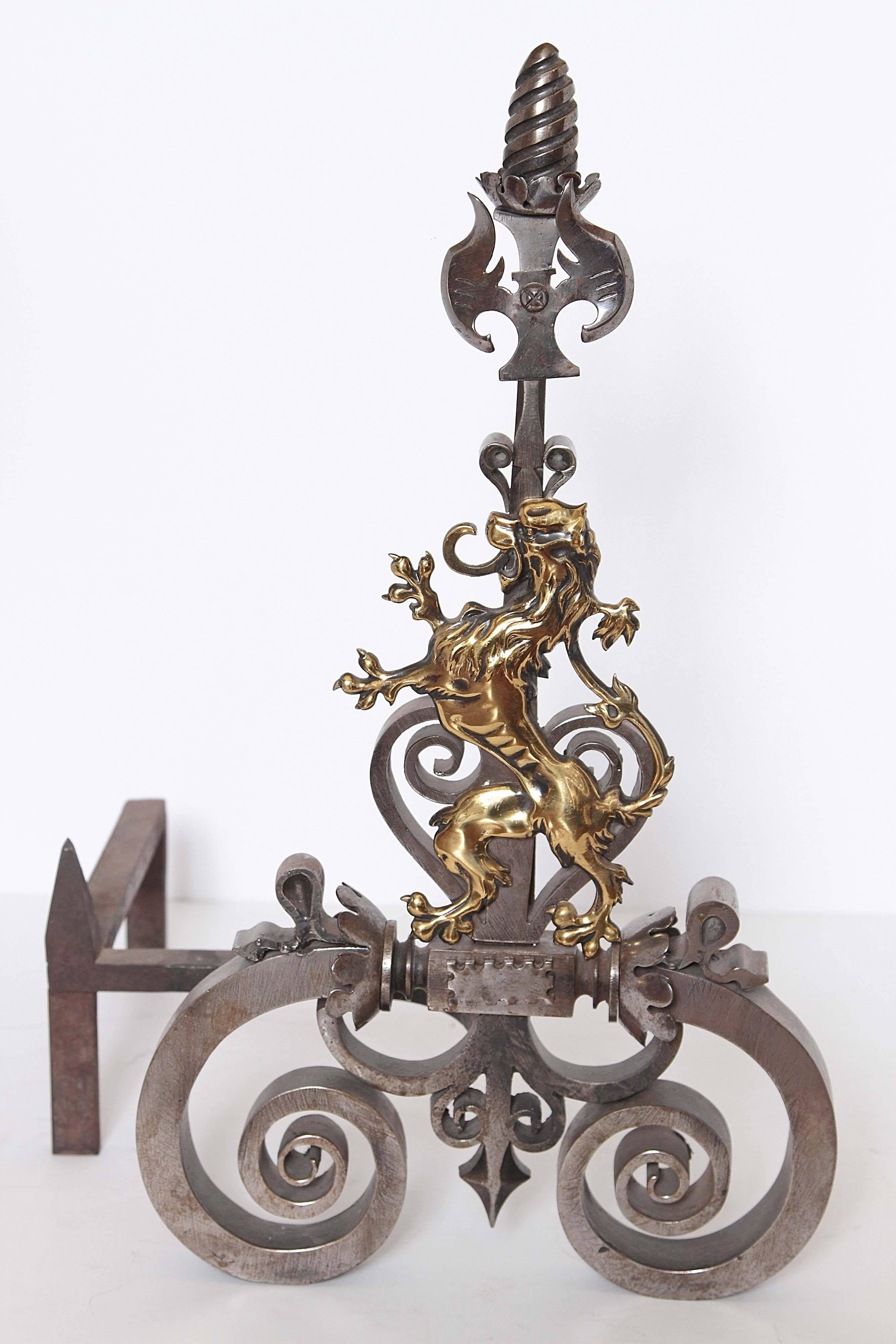 Pair of Hand-Wrought Andirons with Bronze Dragons For Sale 1