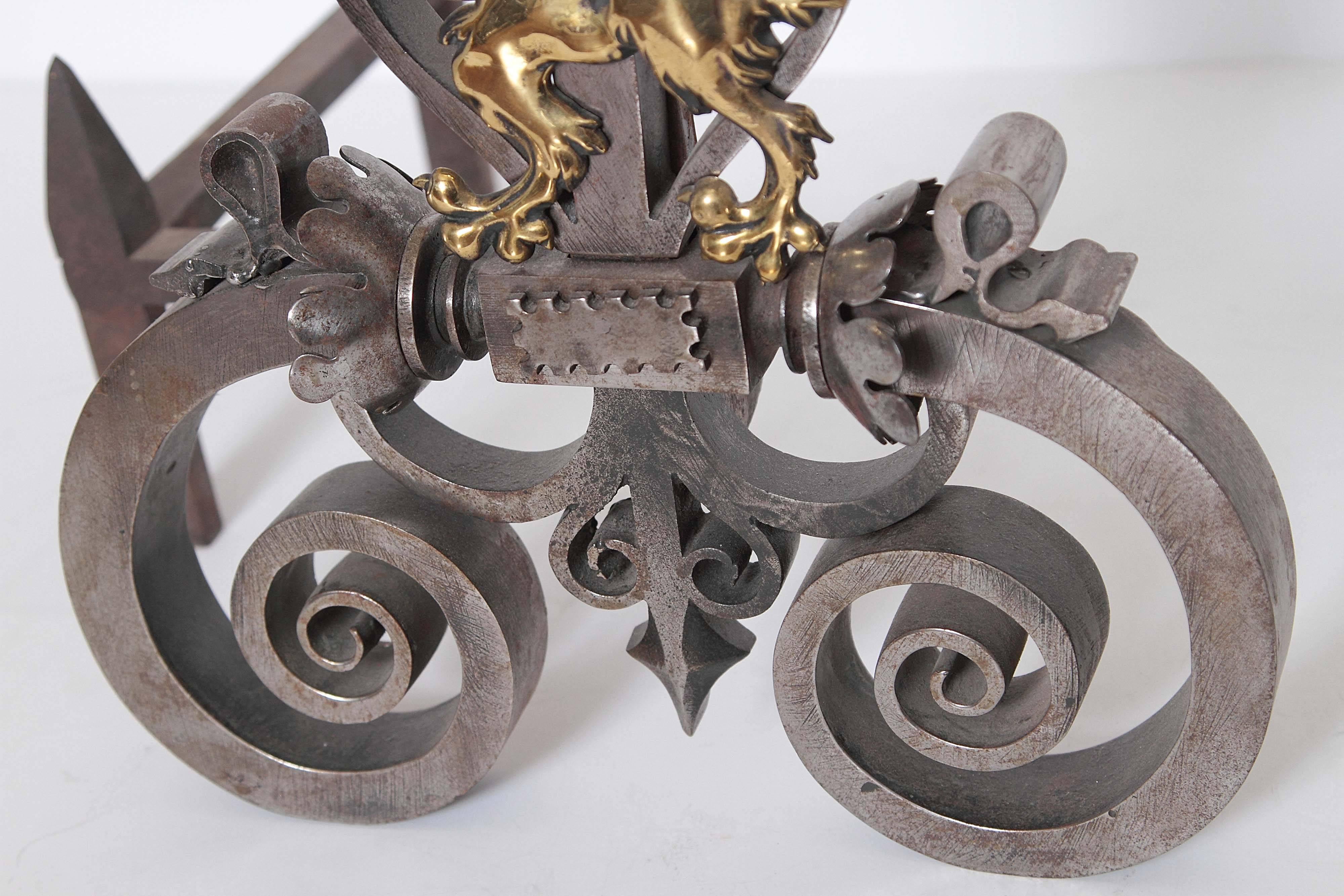 Pair of Hand-Wrought Andirons with Bronze Dragons For Sale 2