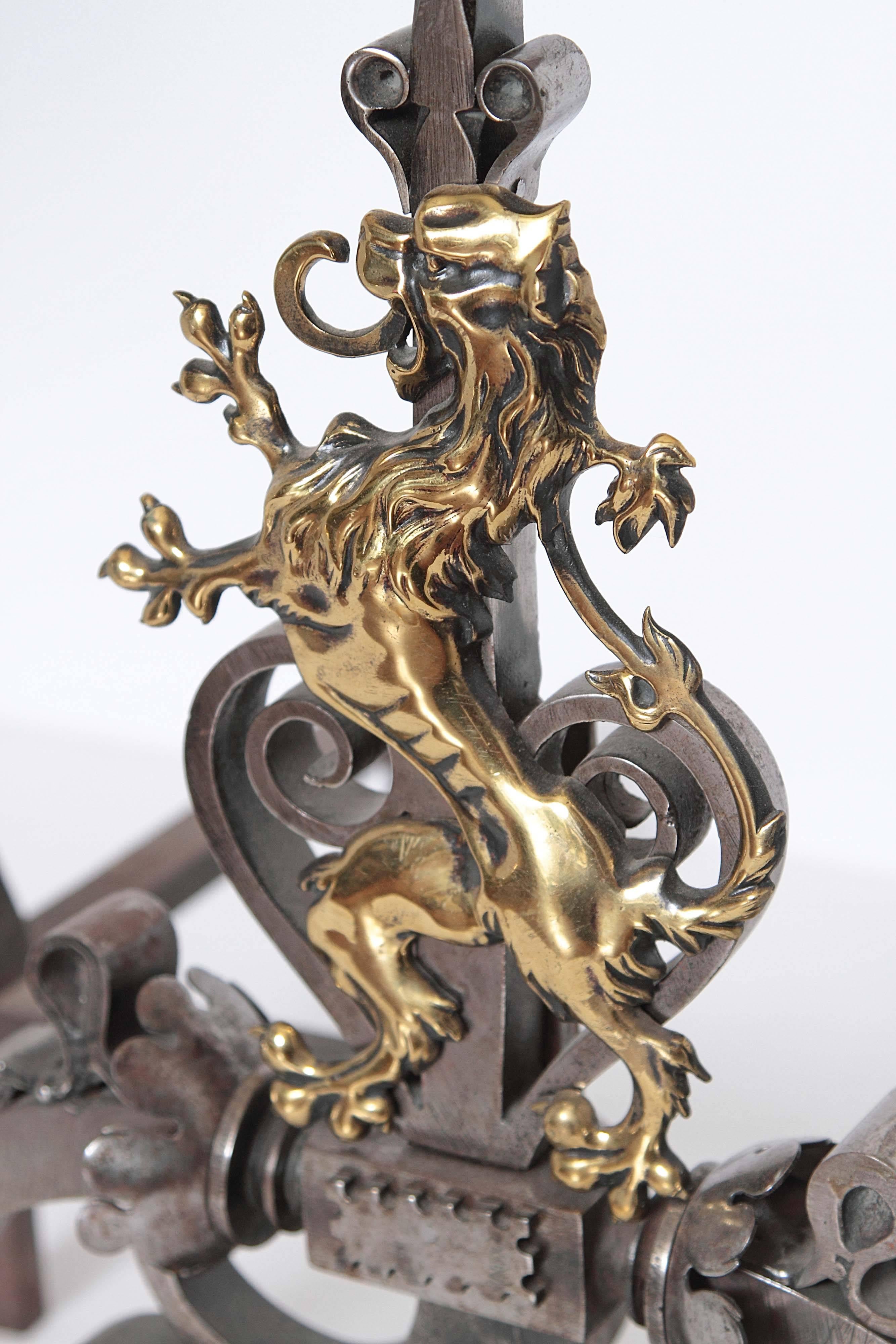 Pair of Hand-Wrought Andirons with Bronze Dragons For Sale 3