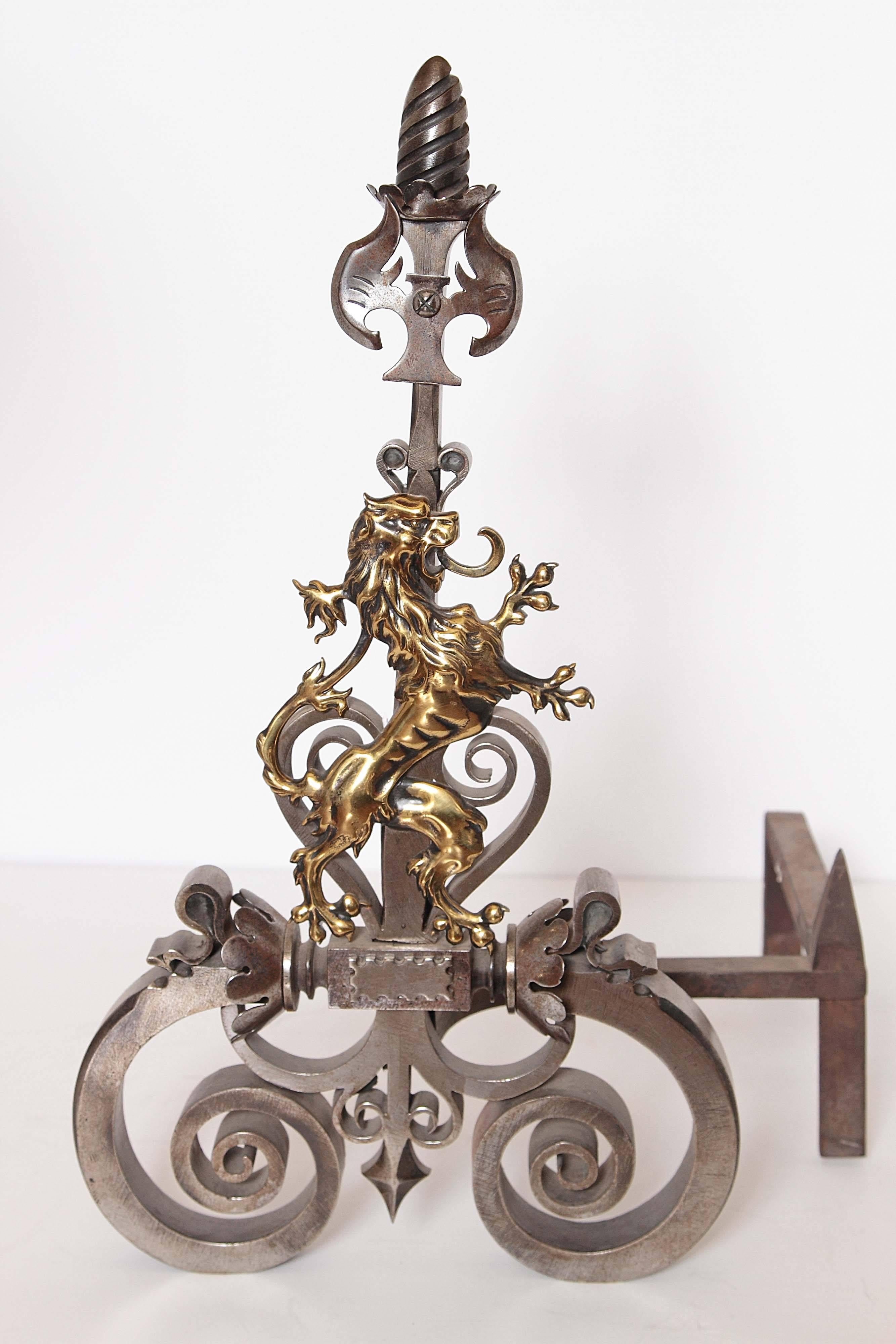 Pair of Hand-Wrought Andirons with Bronze Dragons For Sale 5
