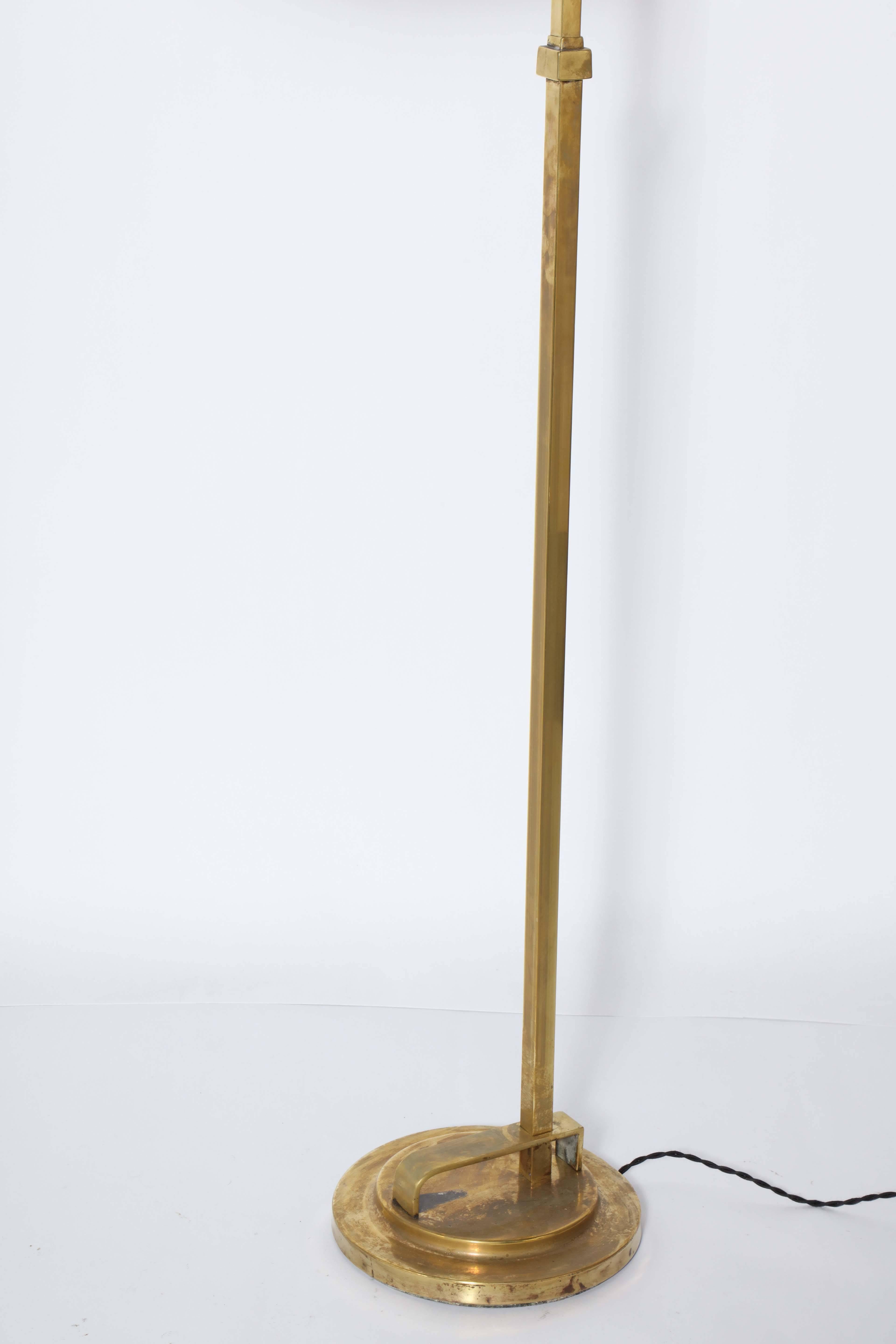 American Donald Deskey Art Deco Brass Floor Lamp with Off White Linen Shade, 1930's