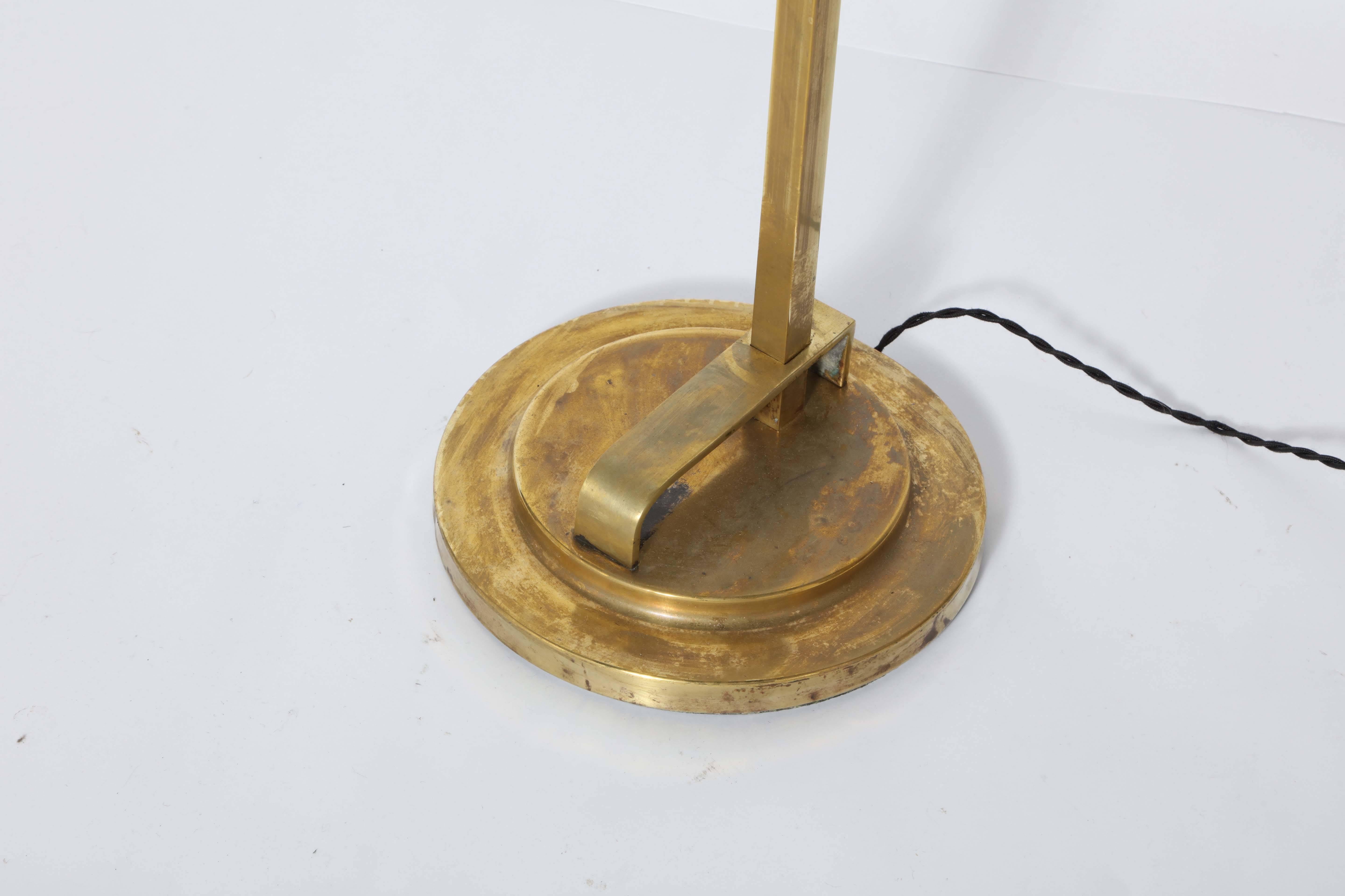 Donald Deskey Art Deco Brass Floor Lamp with Off White Linen Shade, 1930's  In Good Condition In Bainbridge, NY