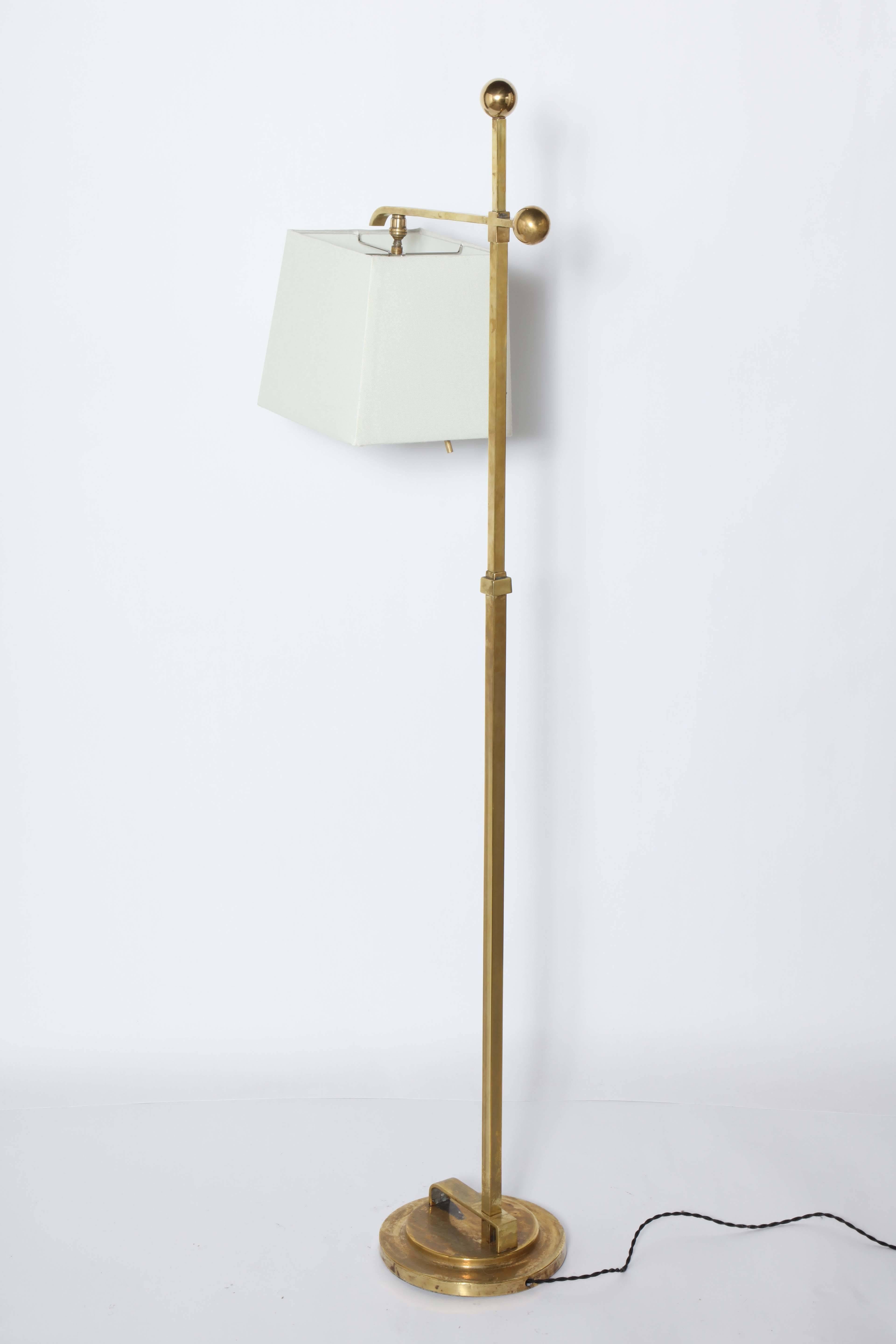 Donald Deskey Art Deco Brass Floor Lamp with Off White Linen Shade, 1930's  4