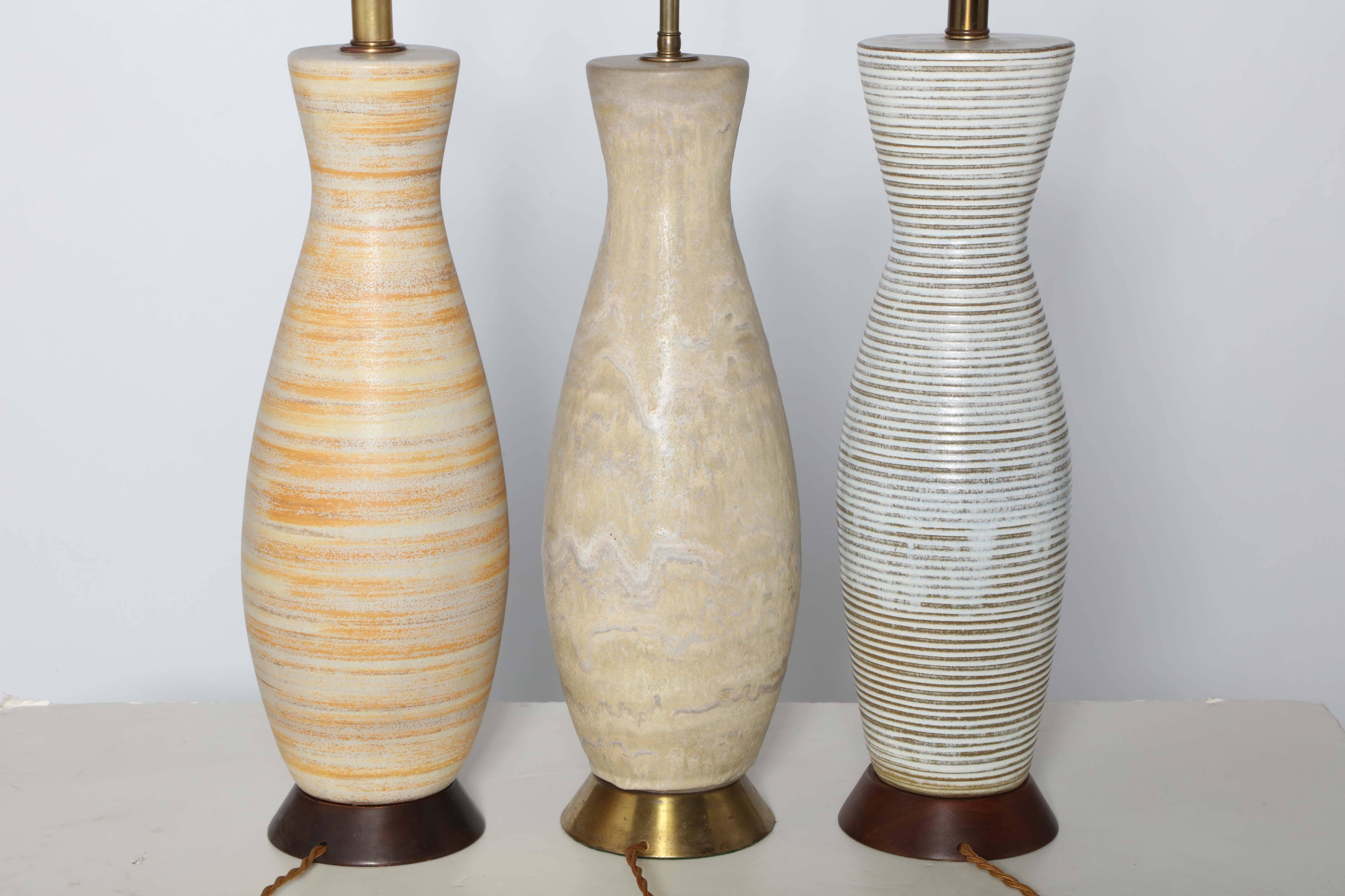 Brass Lee Rosen for Design Technics Trio of Neutral Ceramic Table Lamps, 1950s