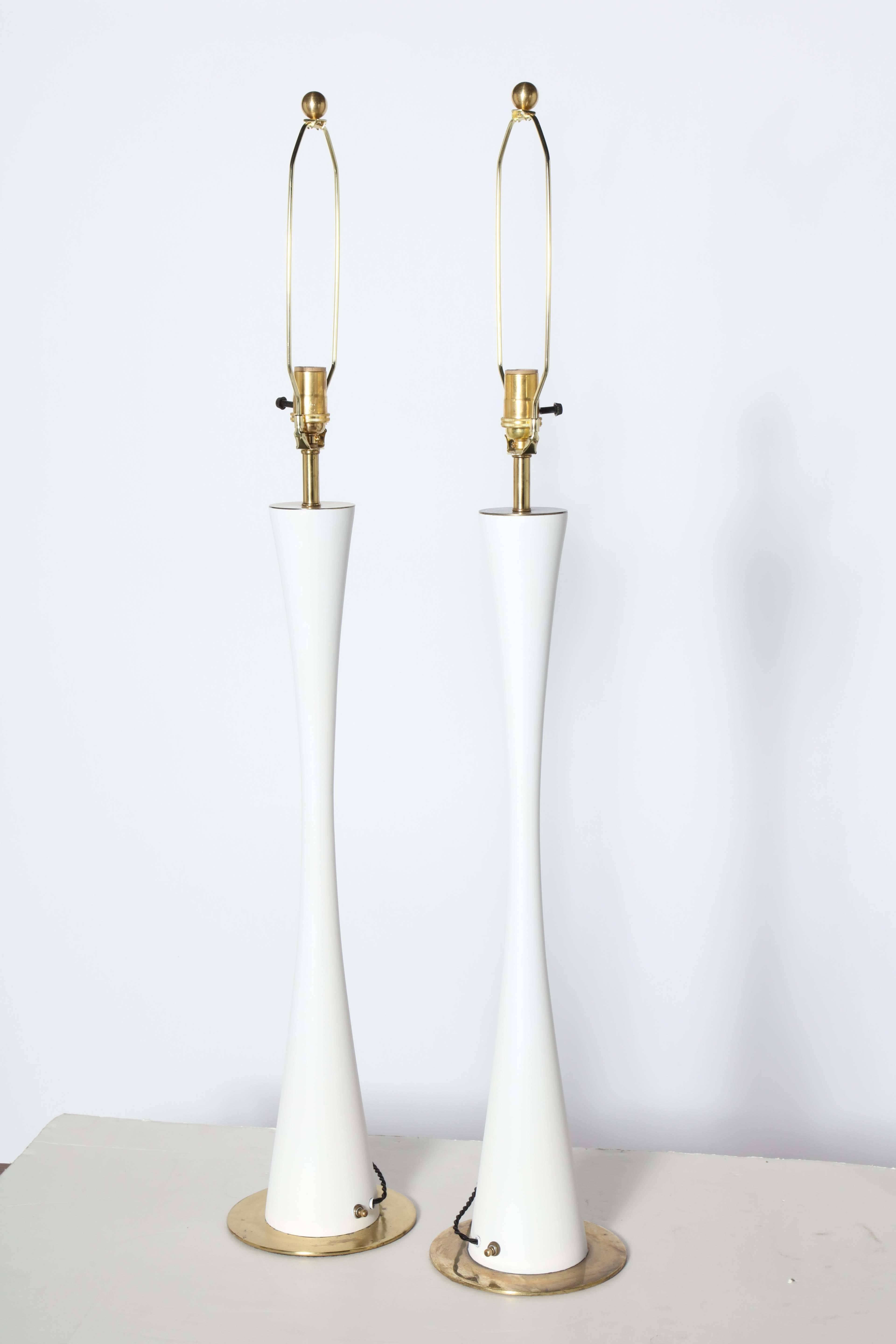 Mid-20th Century Pair of 1950s Stewart Ross White and Brass Table Lamps