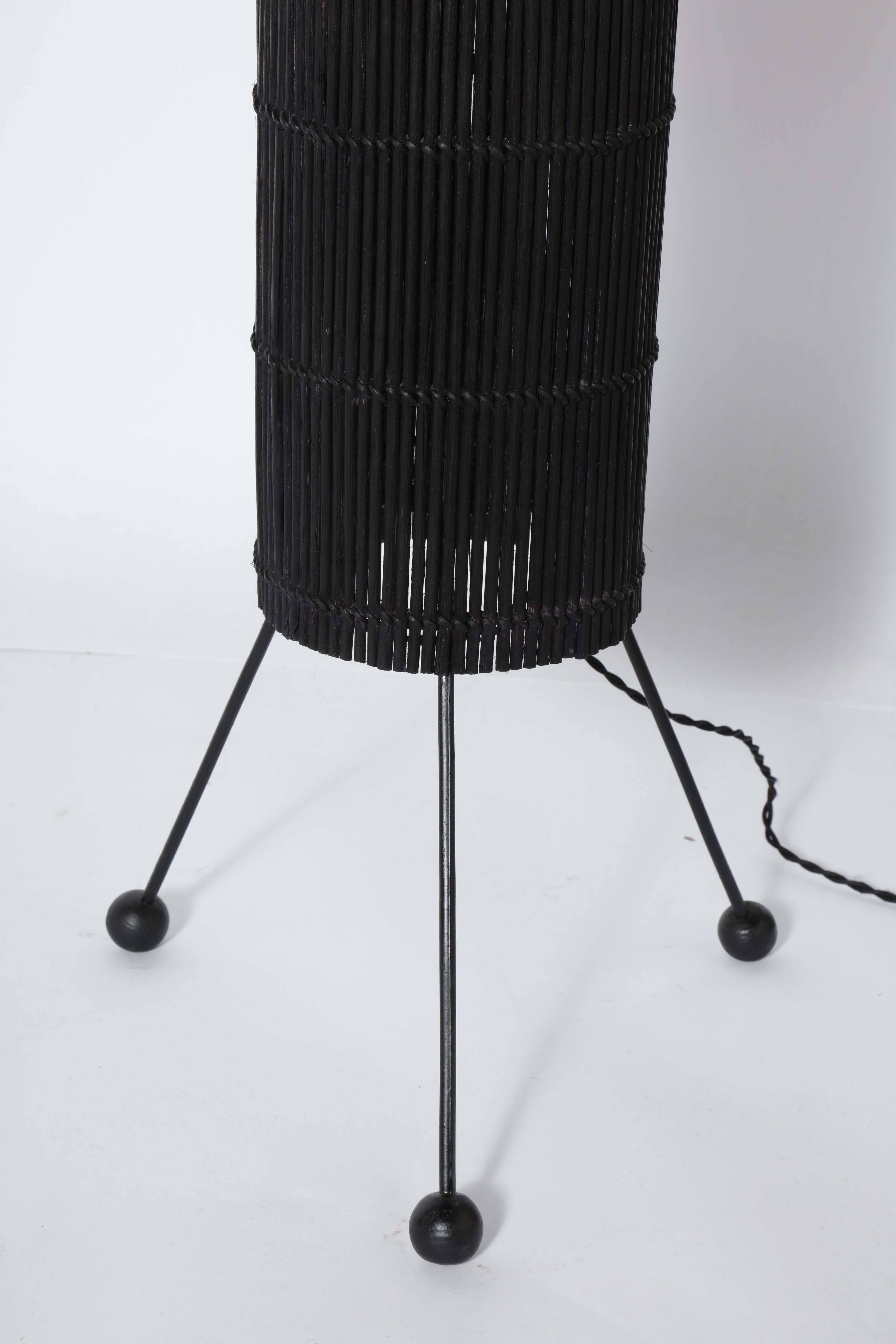 American Tony Paul Style California Modern Black Wicker Cylinder Floor Lamp, 1950s  For Sale