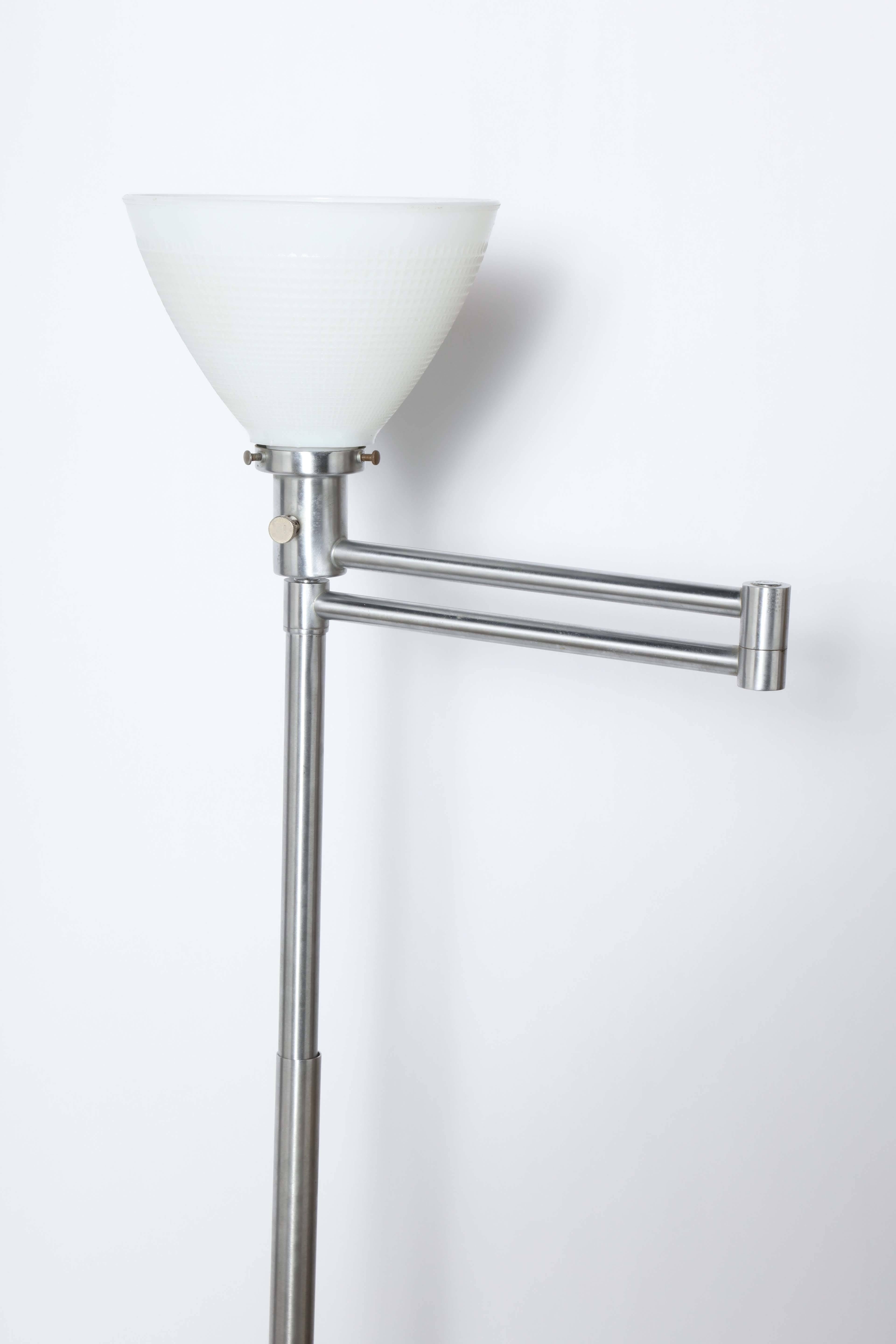 Mid-20th Century Walter Von Nessen Brushed Steel Swing Arm Floor Lamp with White Milk Glass Shade For Sale