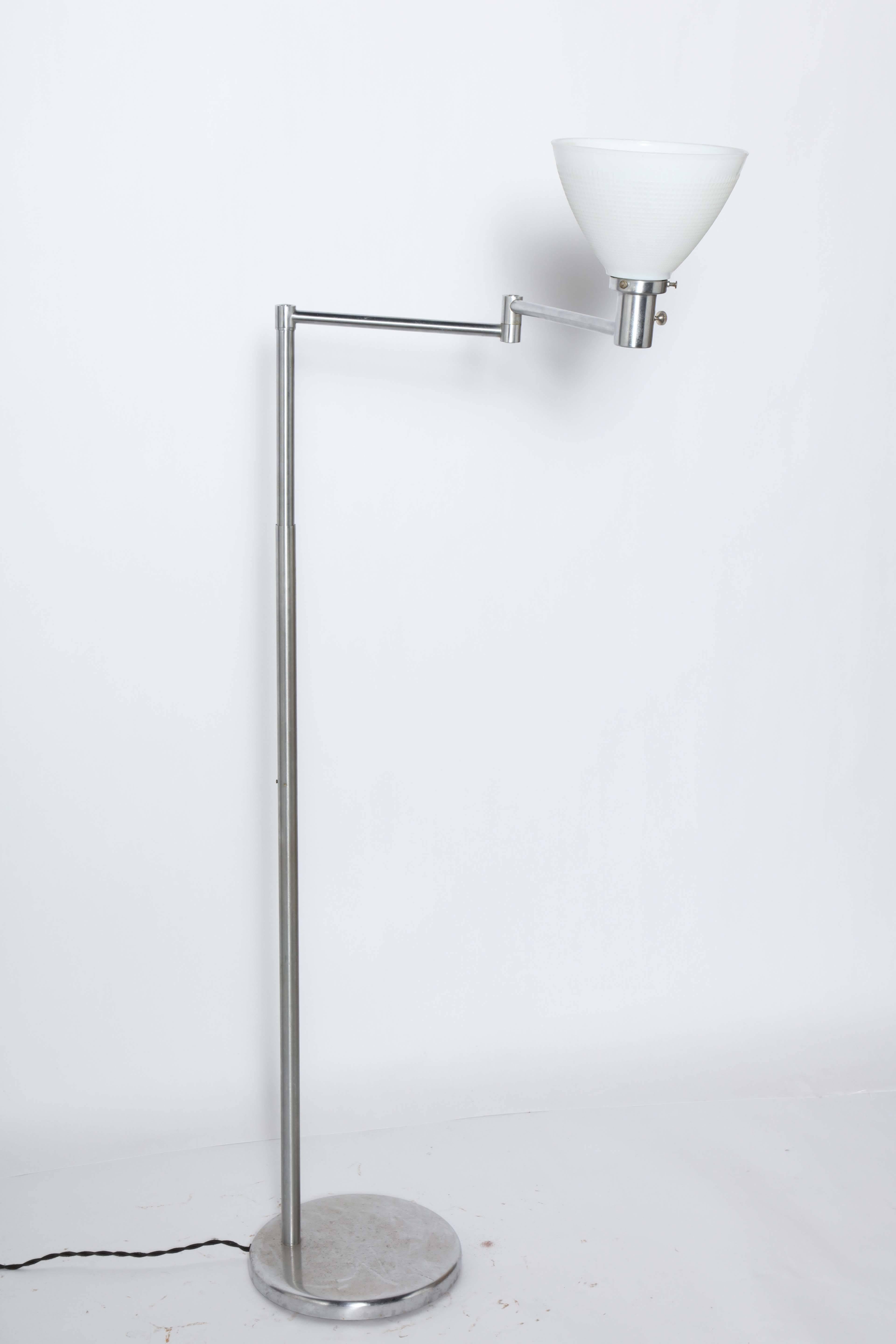 Mid-Century Modern Walter Von Nessen Brushed Steel Swing Arm Floor Lamp with White Milk Glass Shade For Sale