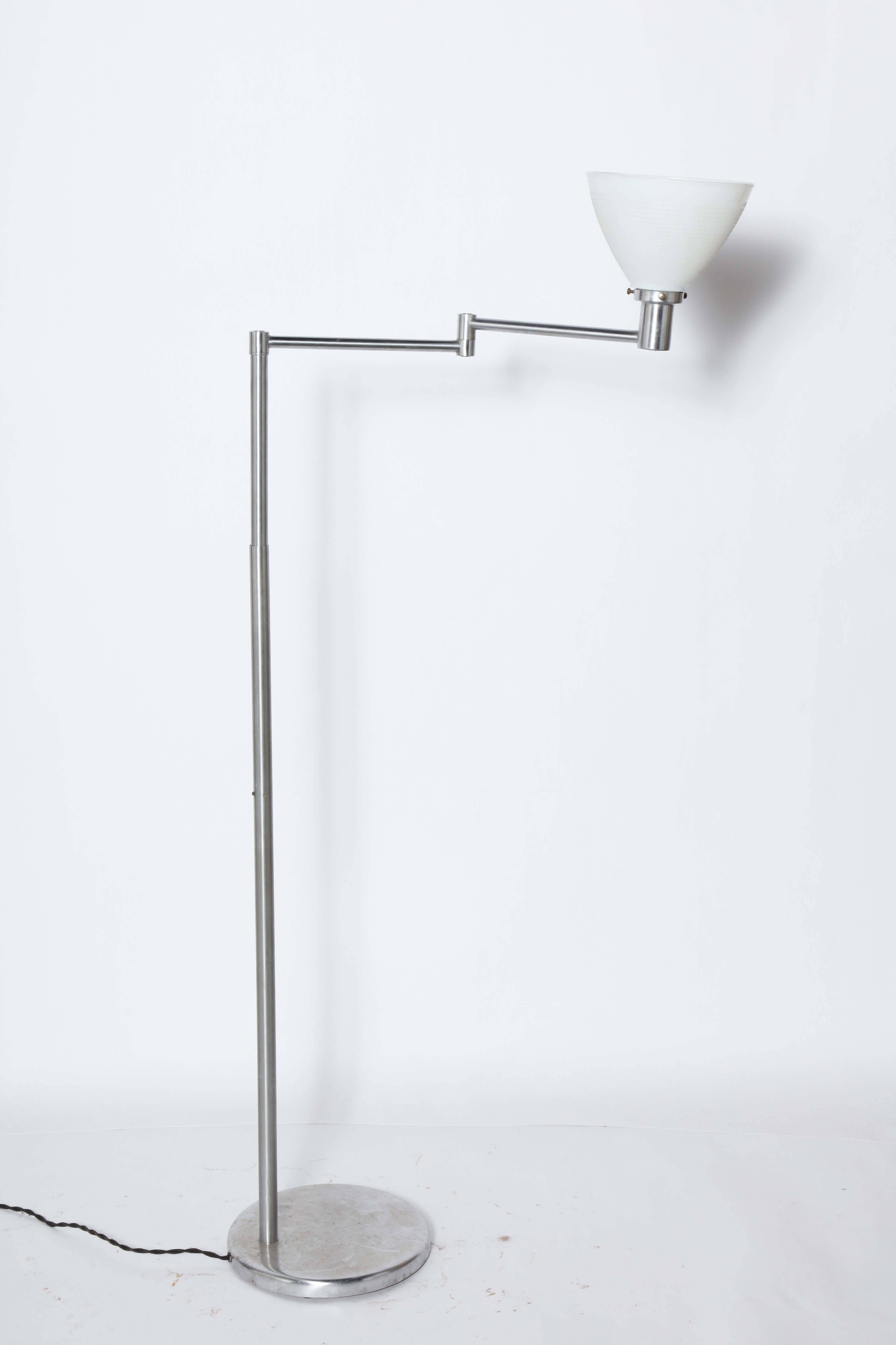 American Walter Von Nessen Brushed Steel Swing Arm Floor Lamp with White Milk Glass Shade For Sale