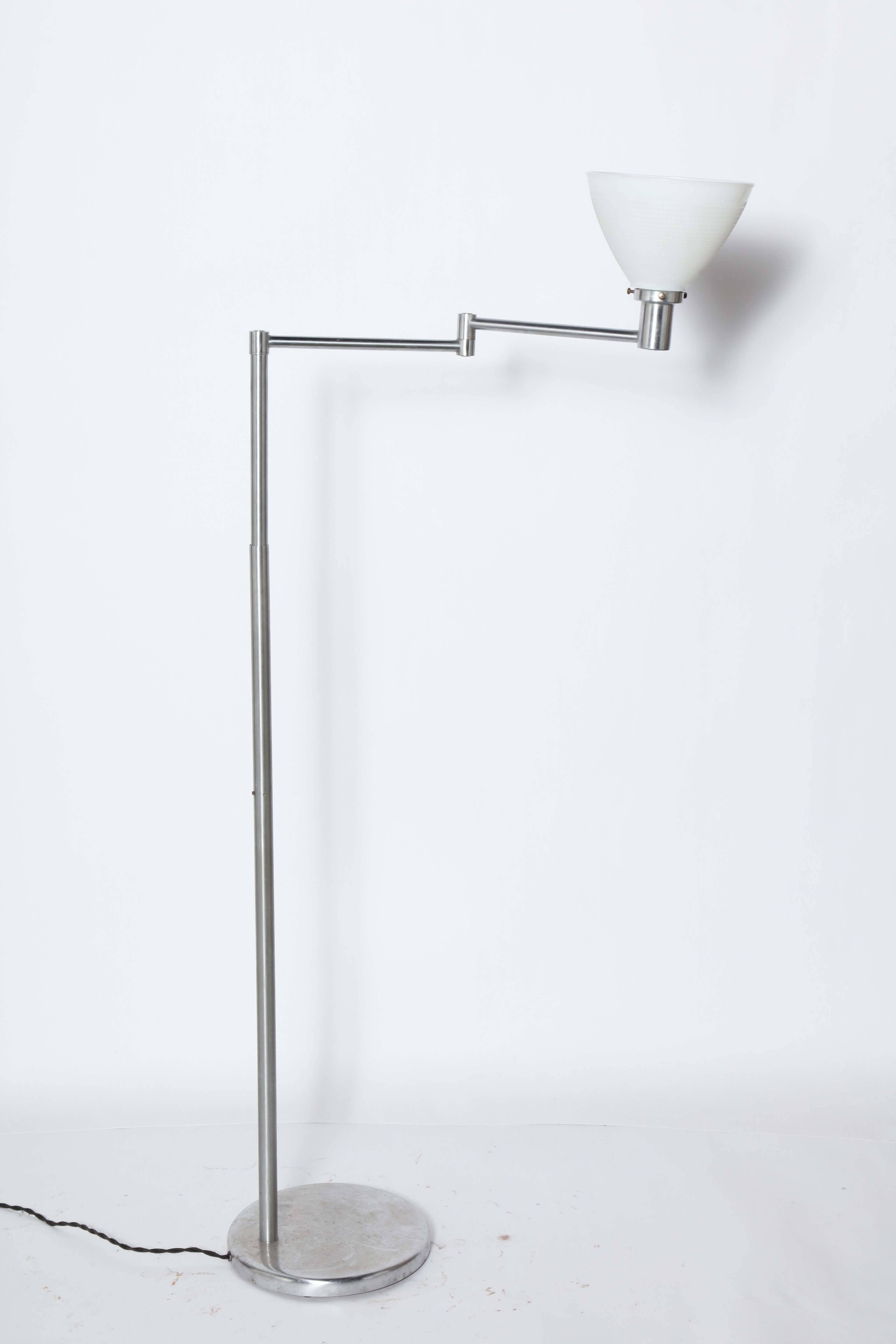 Mid-Century Modern Walter Von Nessen Brushed Steel Swing Arm Floor Lamp with White Milk Glass Shade For Sale