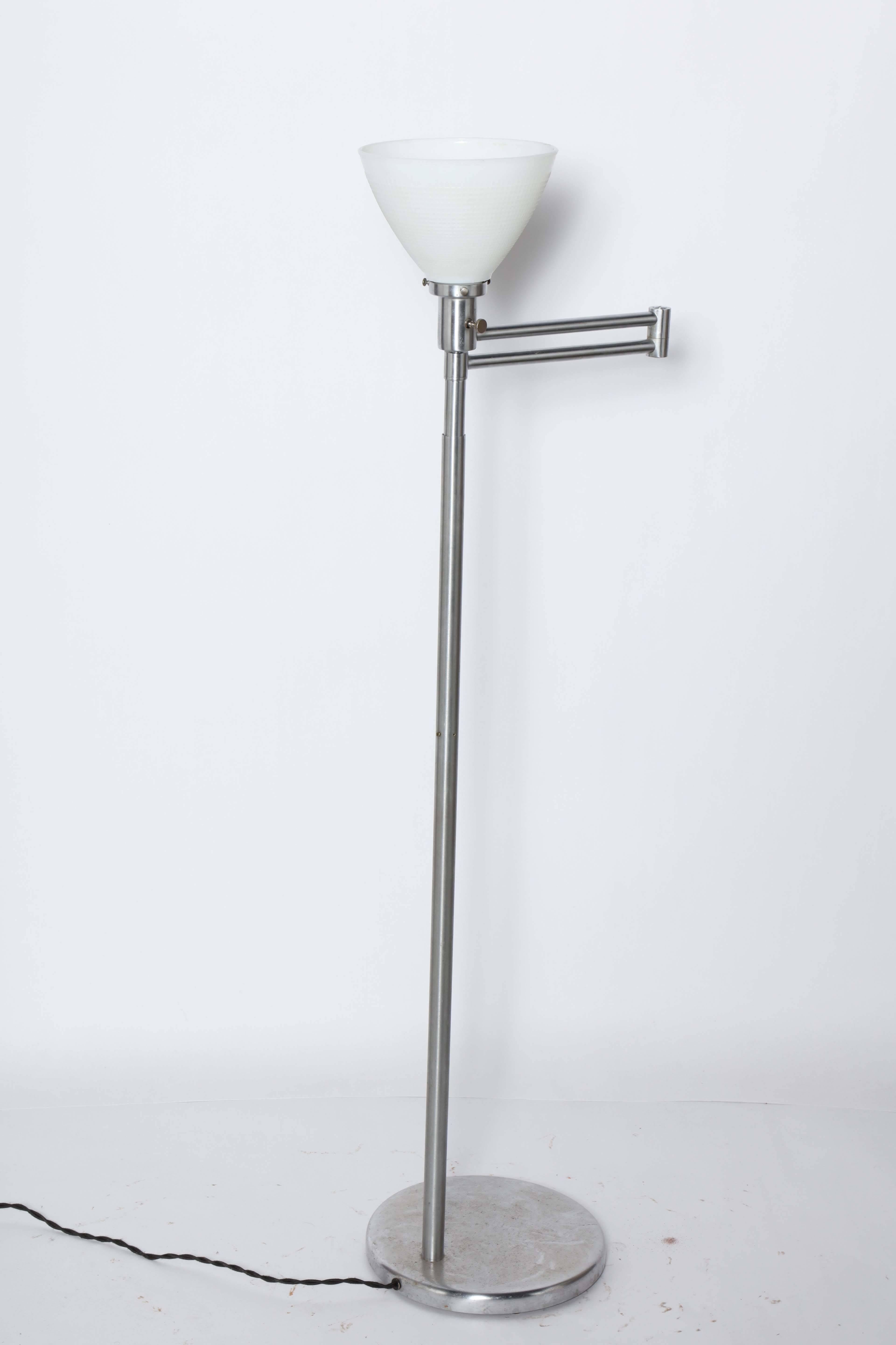 Walter Von Nessen Brushed Steel Swing Arm Floor Lamp with White Milk Glass Shade For Sale 4