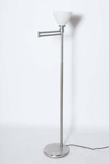 Walter Von Nessen Brushed Steel Swing Arm Floor Lamp with White Milk Glass Shade