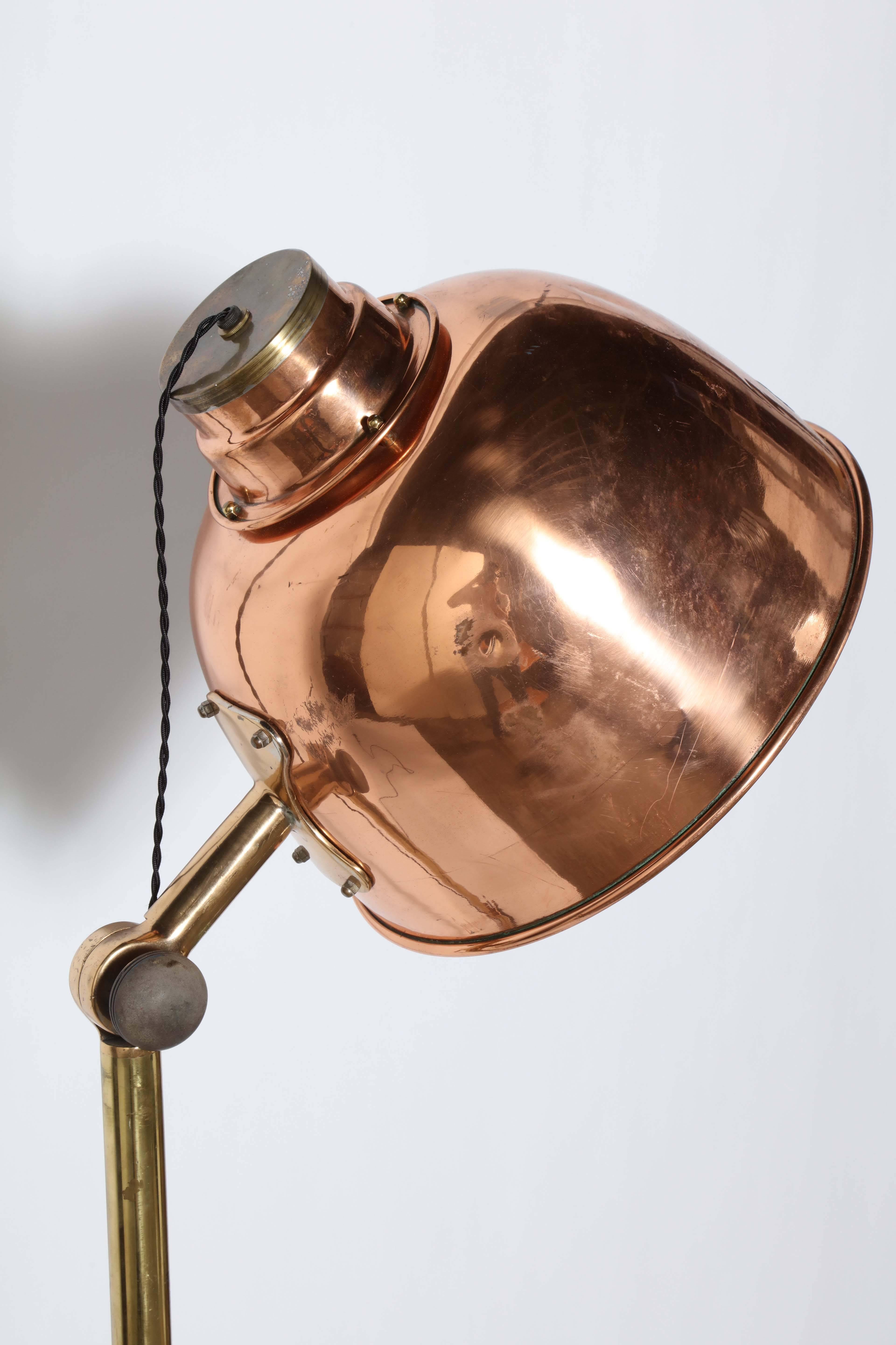 Industrial Substantial Infralite Steel & Brass Floor Lamp with Large Copper Shade, C. 1910