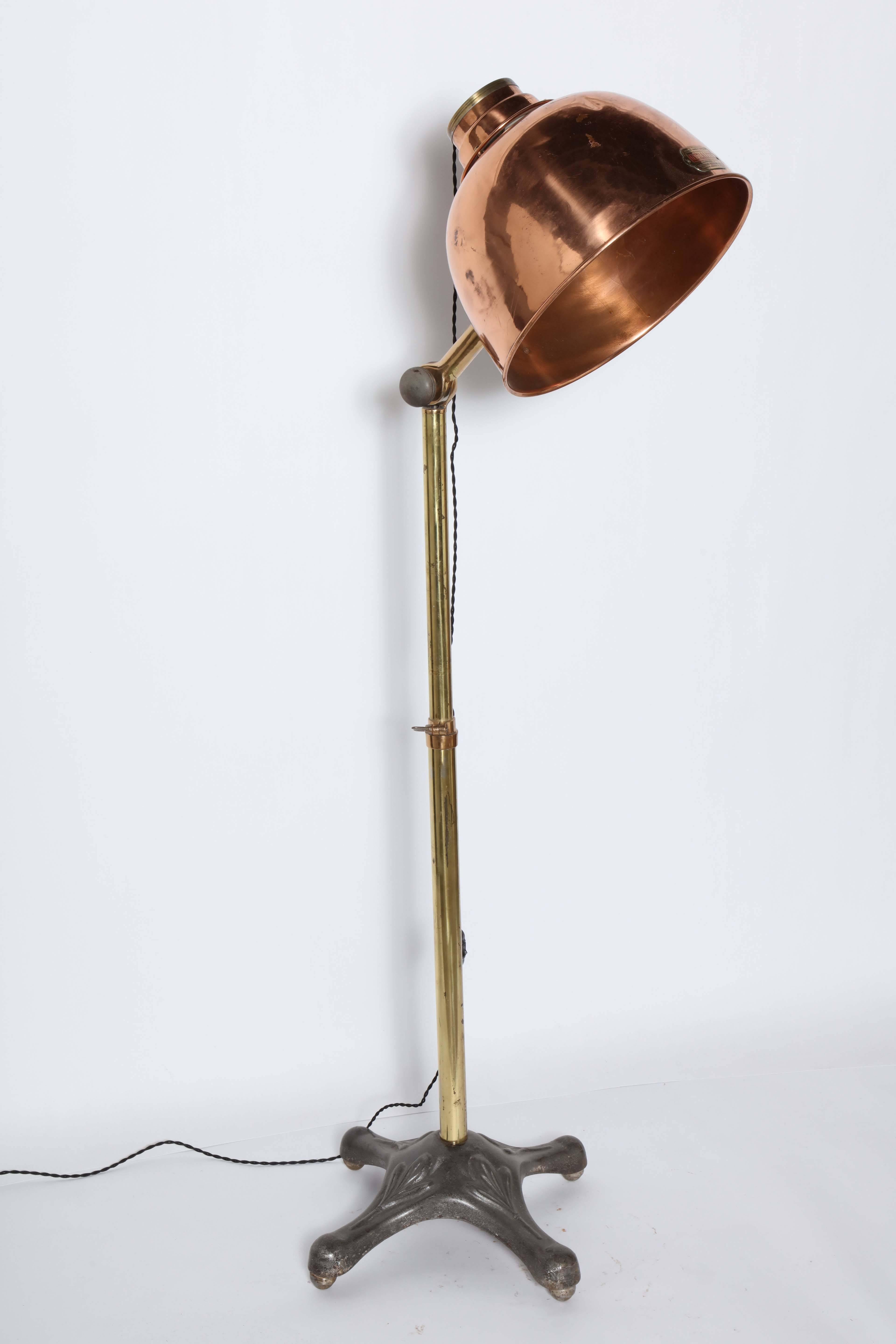 American Substantial Infralite Steel & Brass Floor Lamp with Large Copper Shade, C. 1910