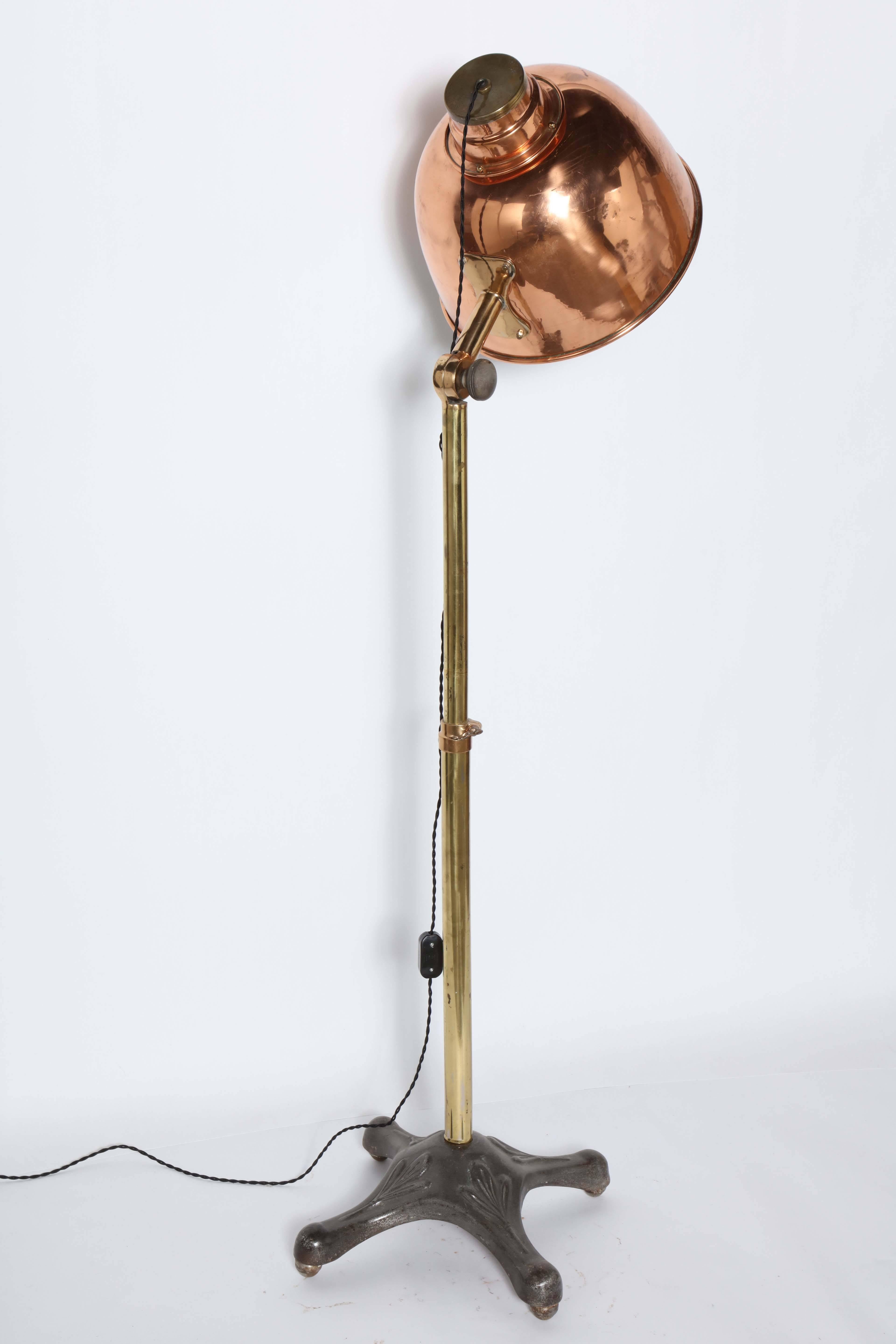 Iron Substantial Infralite Steel & Brass Floor Lamp with Large Copper Shade, C. 1910