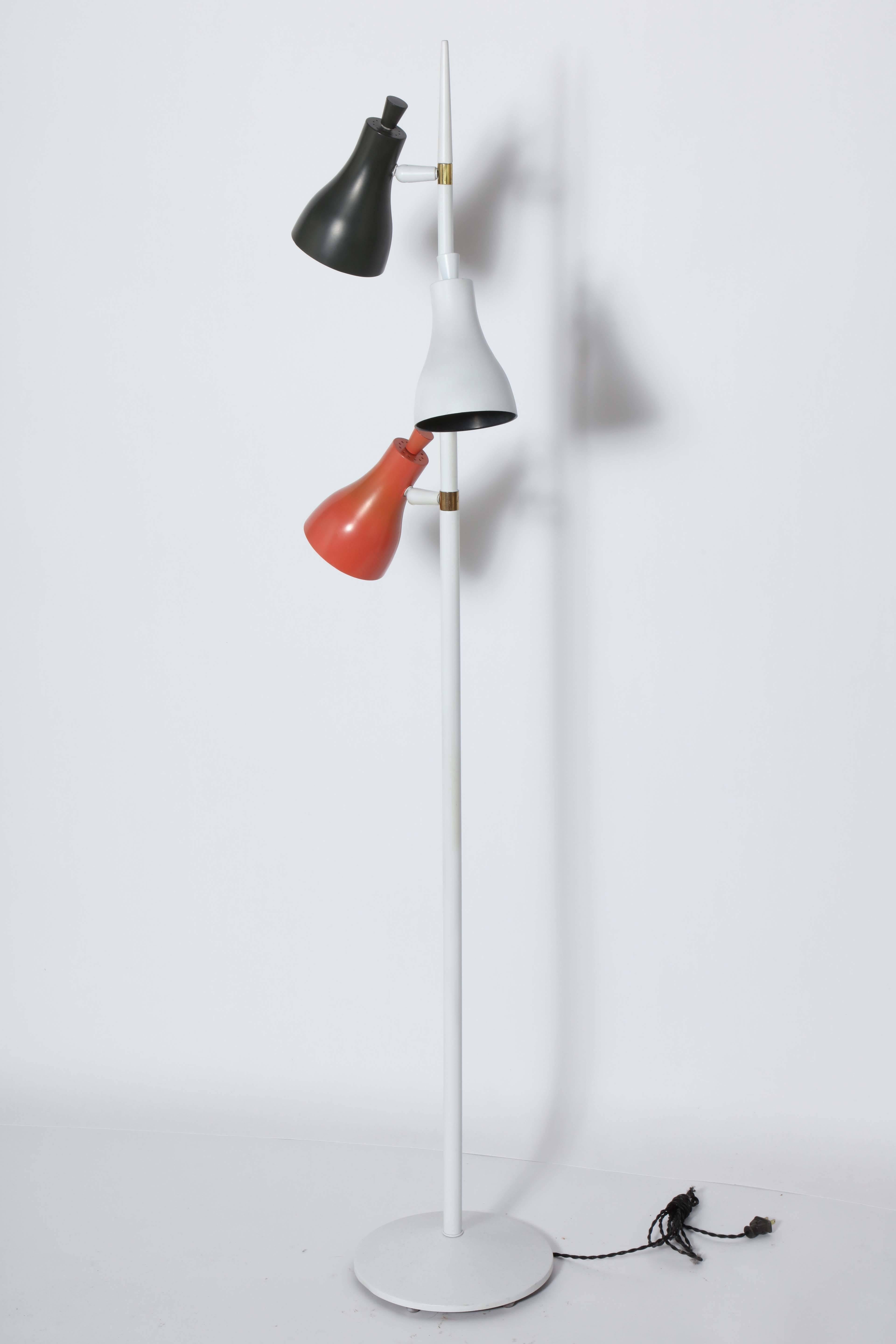 Gerald Thurston Tri-Color Floor Lamp with Black, White and Red Shades, 1950s In Good Condition In Bainbridge, NY