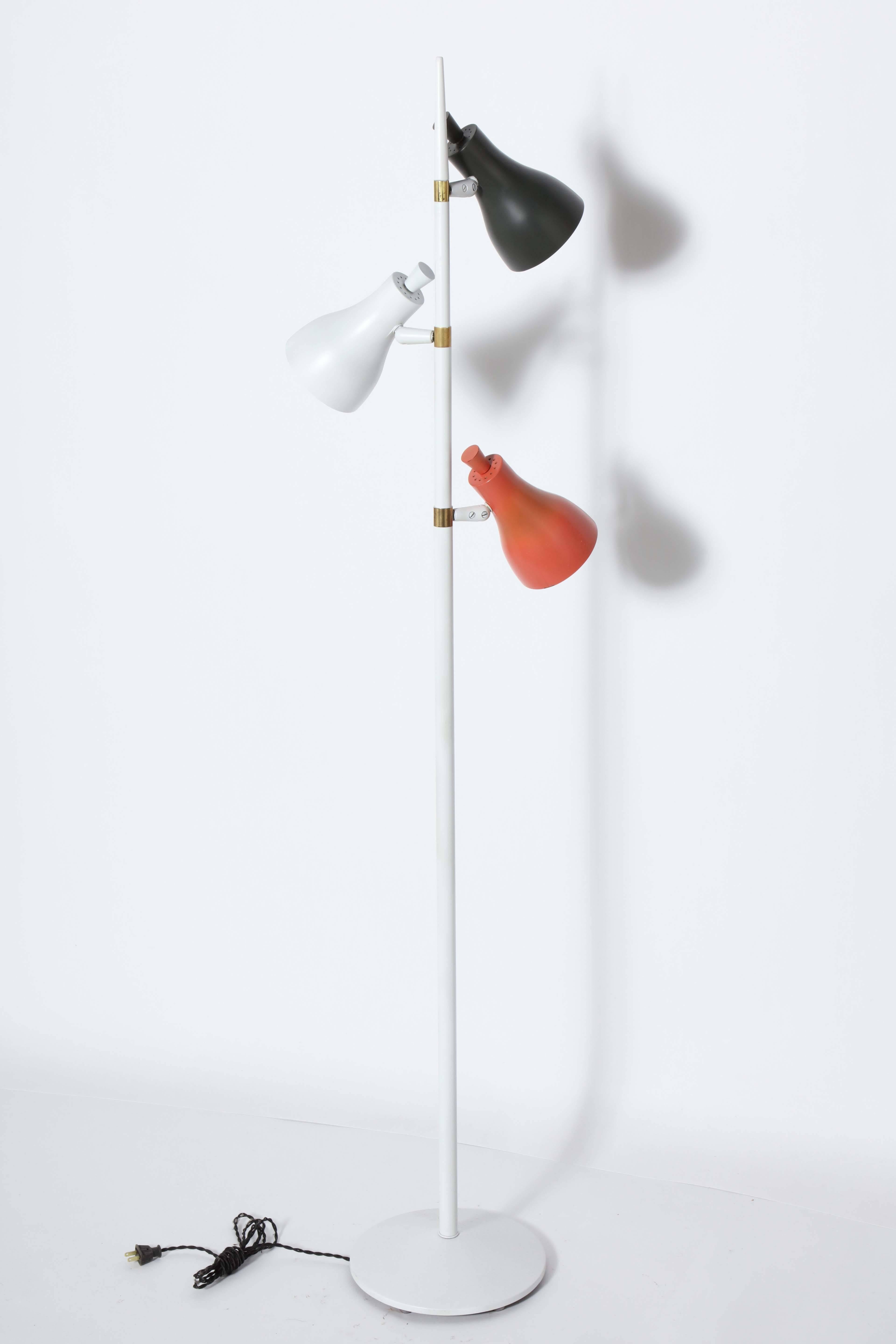 Brass Gerald Thurston Tri-Color Floor Lamp with Black, White and Red Shades, 1950s