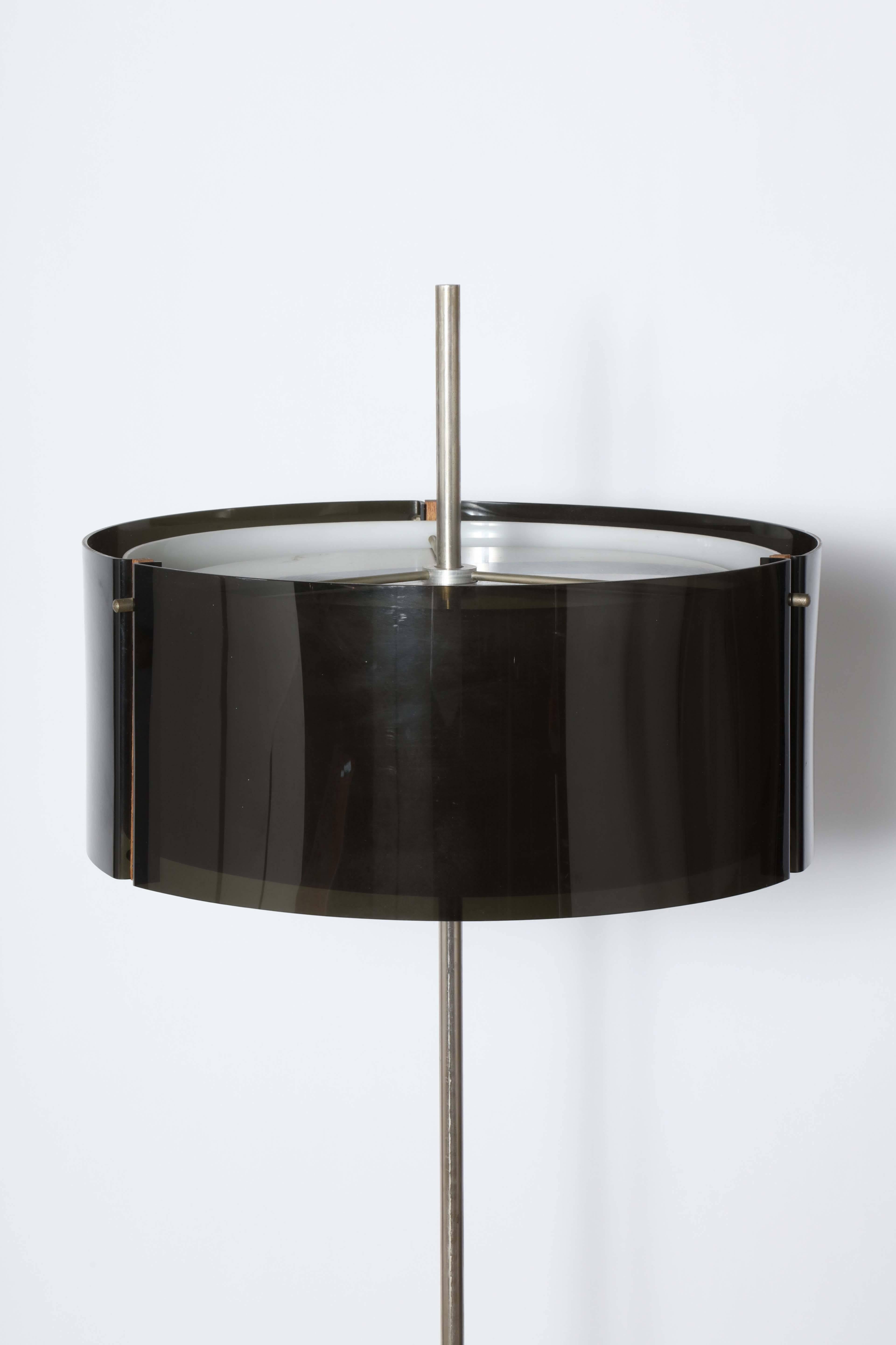 Scandinavian Modern Brushed Aluminum Floor Lamp with Two Smoked Lucite Shades & Wood Clasps, 1960s  
