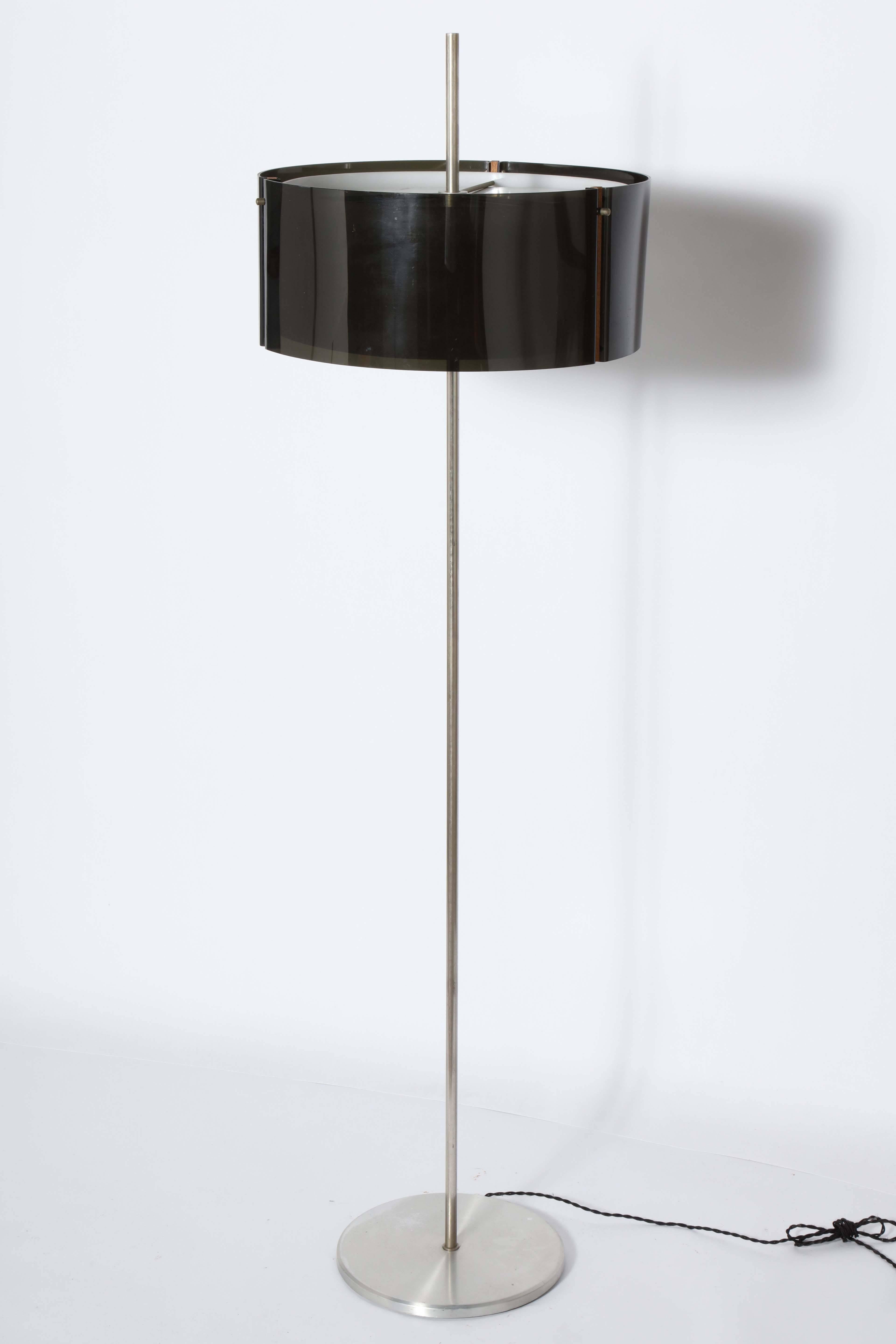 European Brushed Aluminum Floor Lamp with Two Smoked Lucite Shades & Wood Clasps, 1960s  
