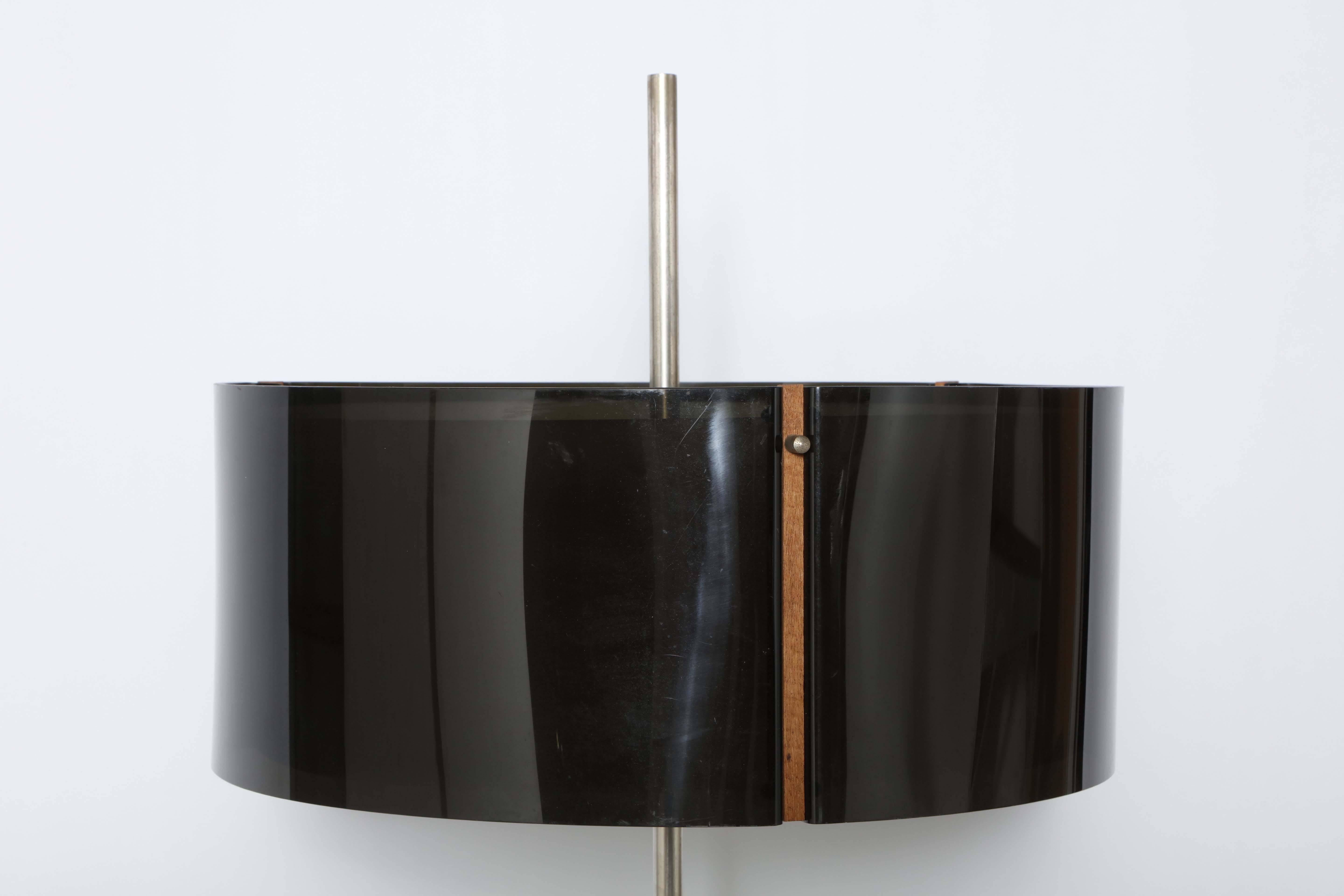 Brushed Aluminum Floor Lamp with Two Smoked Lucite Shades & Wood Clasps, 1960s   2