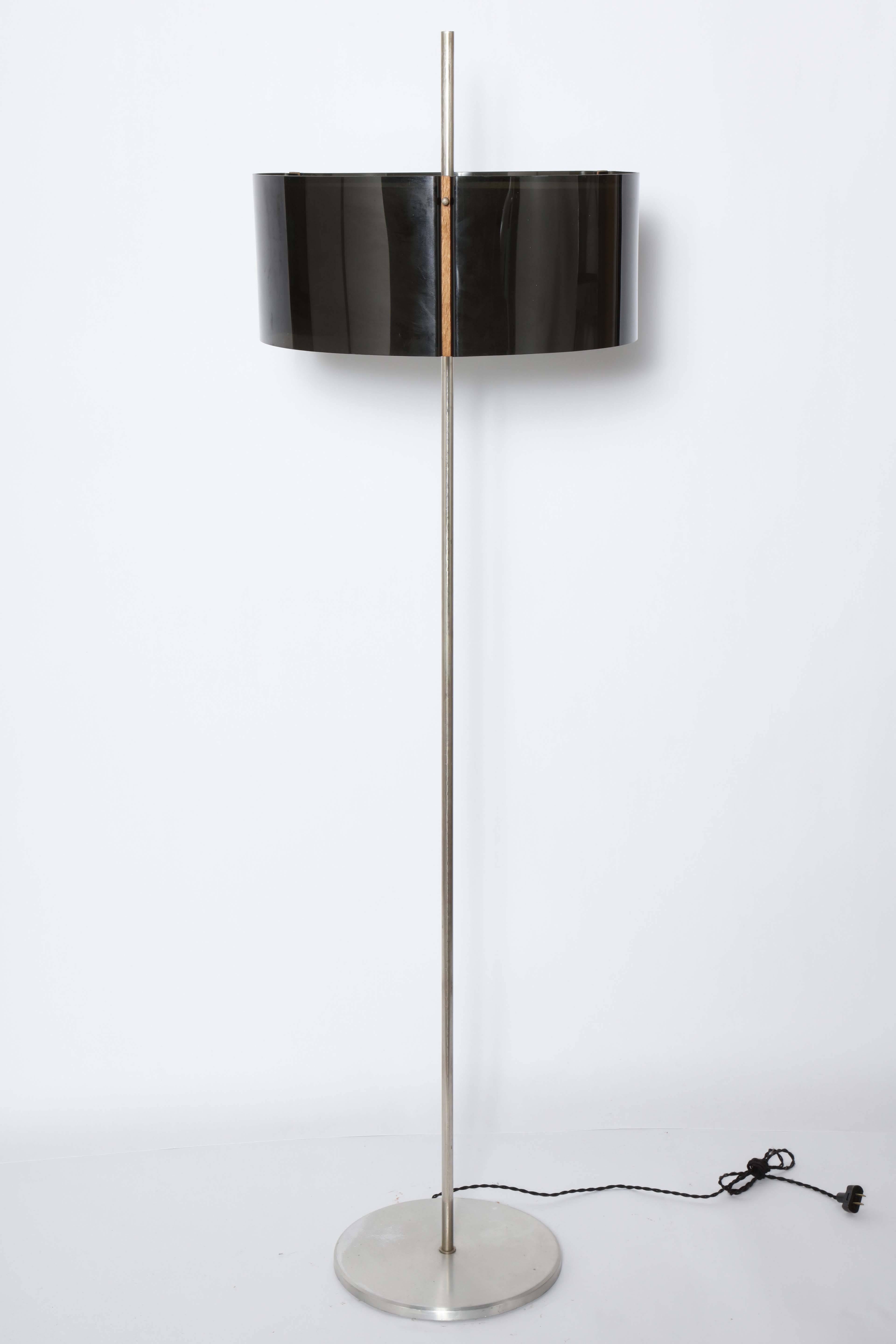 Brushed Aluminum Floor Lamp with Two Smoked Lucite Shades & Wood Clasps, 1960s   4