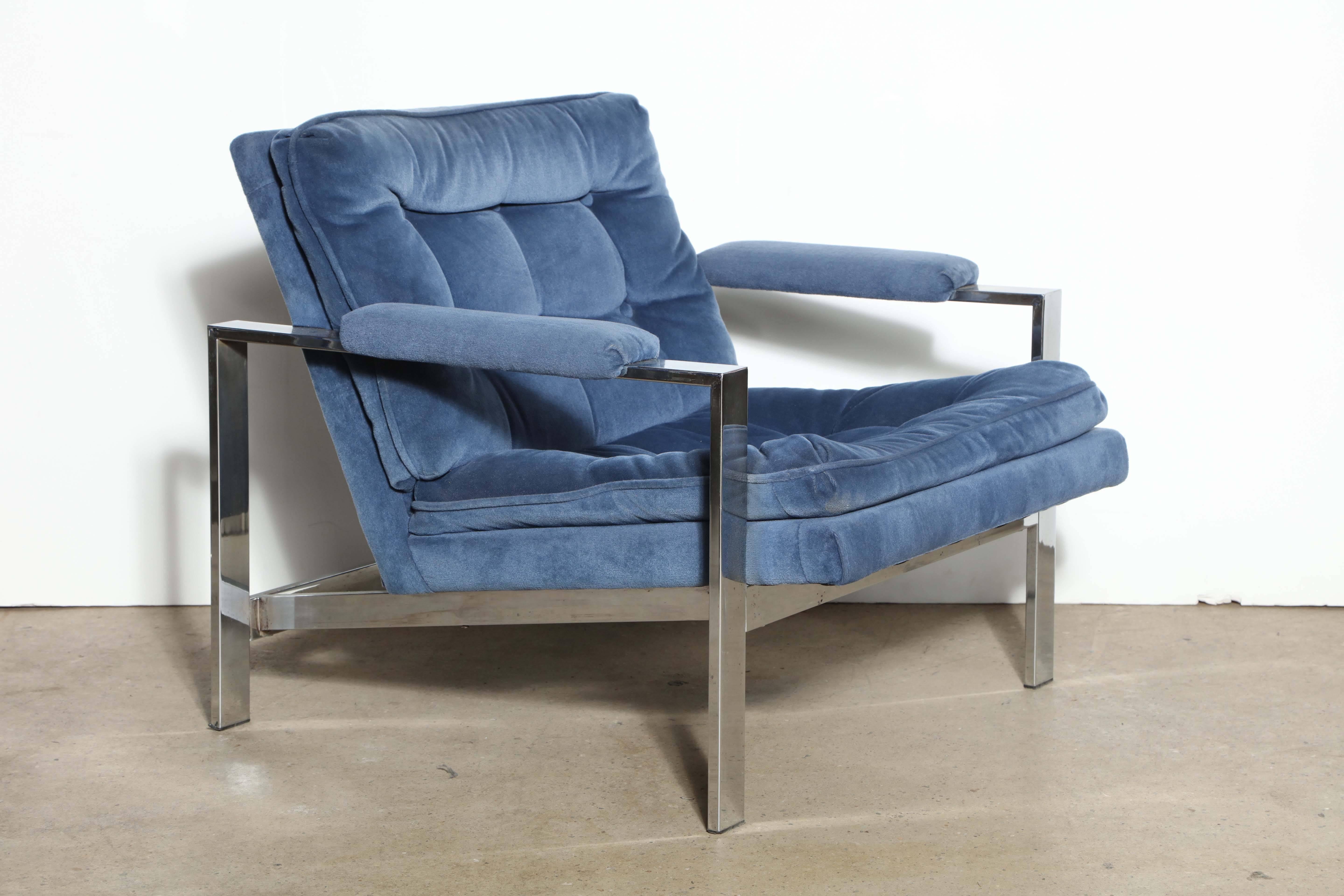 Modern Pair of 1970's Cy Mann Solid Chrome Lounge Chairs in French Blue   