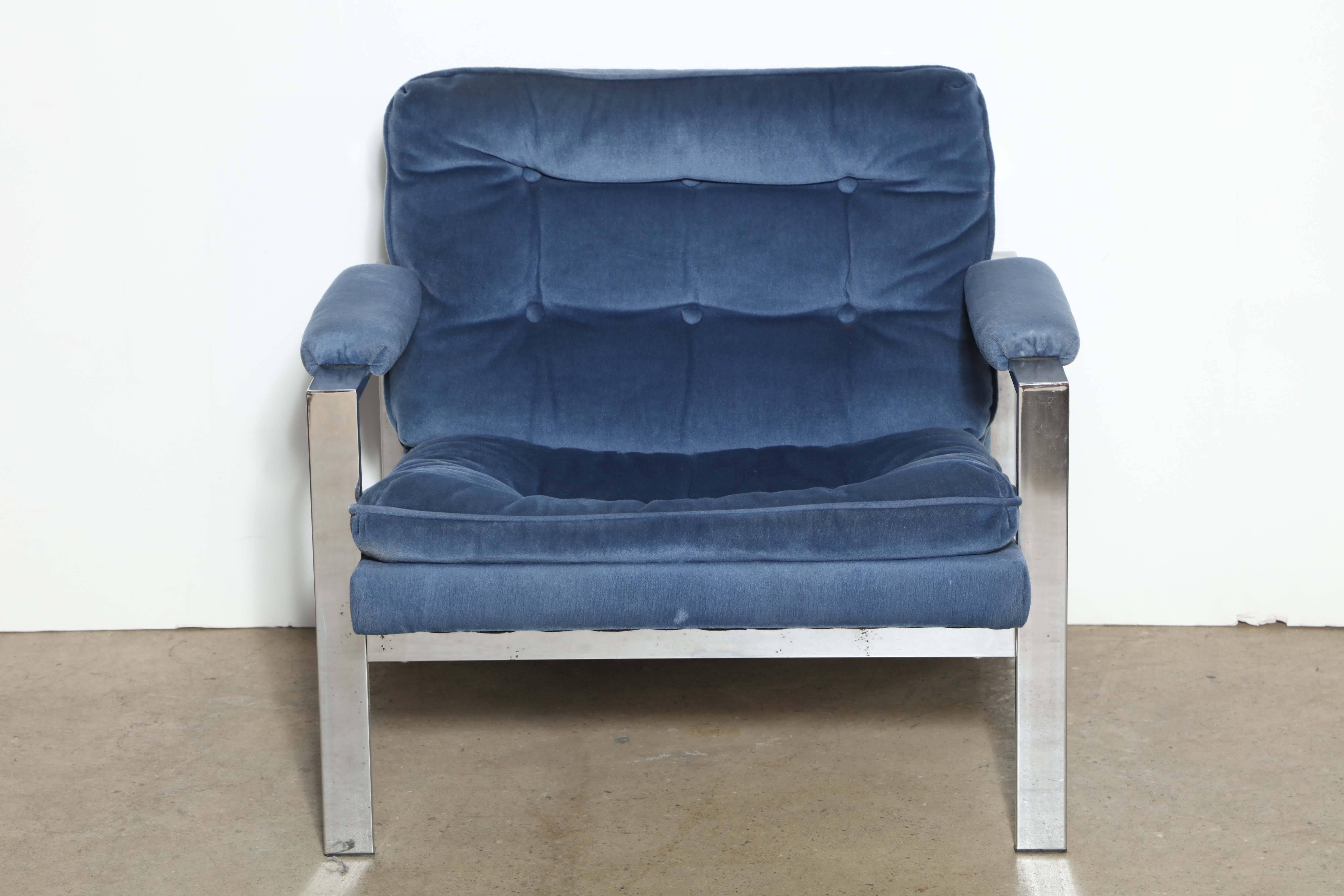 Italian Pair of 1970's Cy Mann Solid Chrome Lounge Chairs in French Blue   