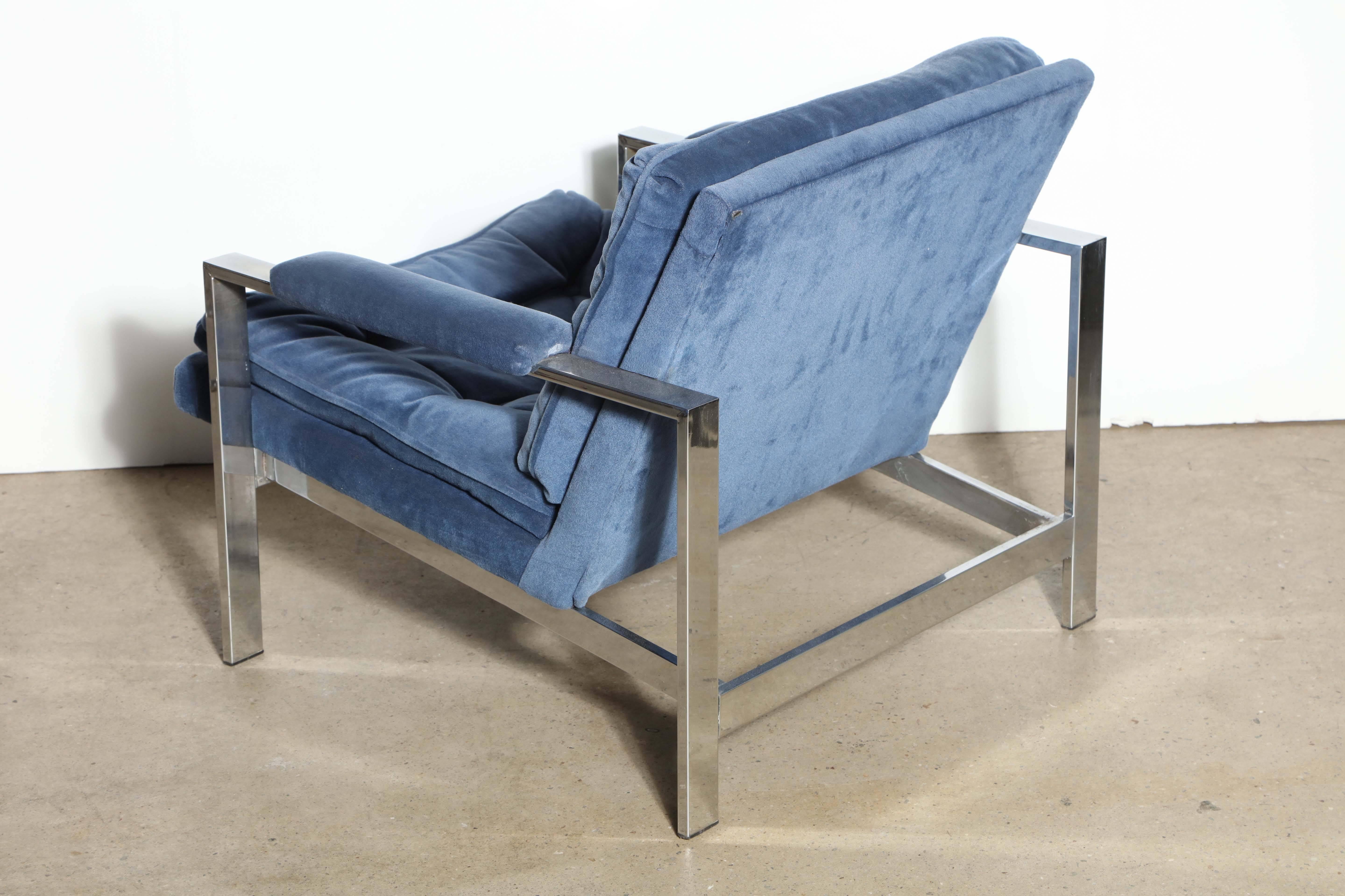 Late 20th Century Pair of 1970's Cy Mann Solid Chrome Lounge Chairs in French Blue   
