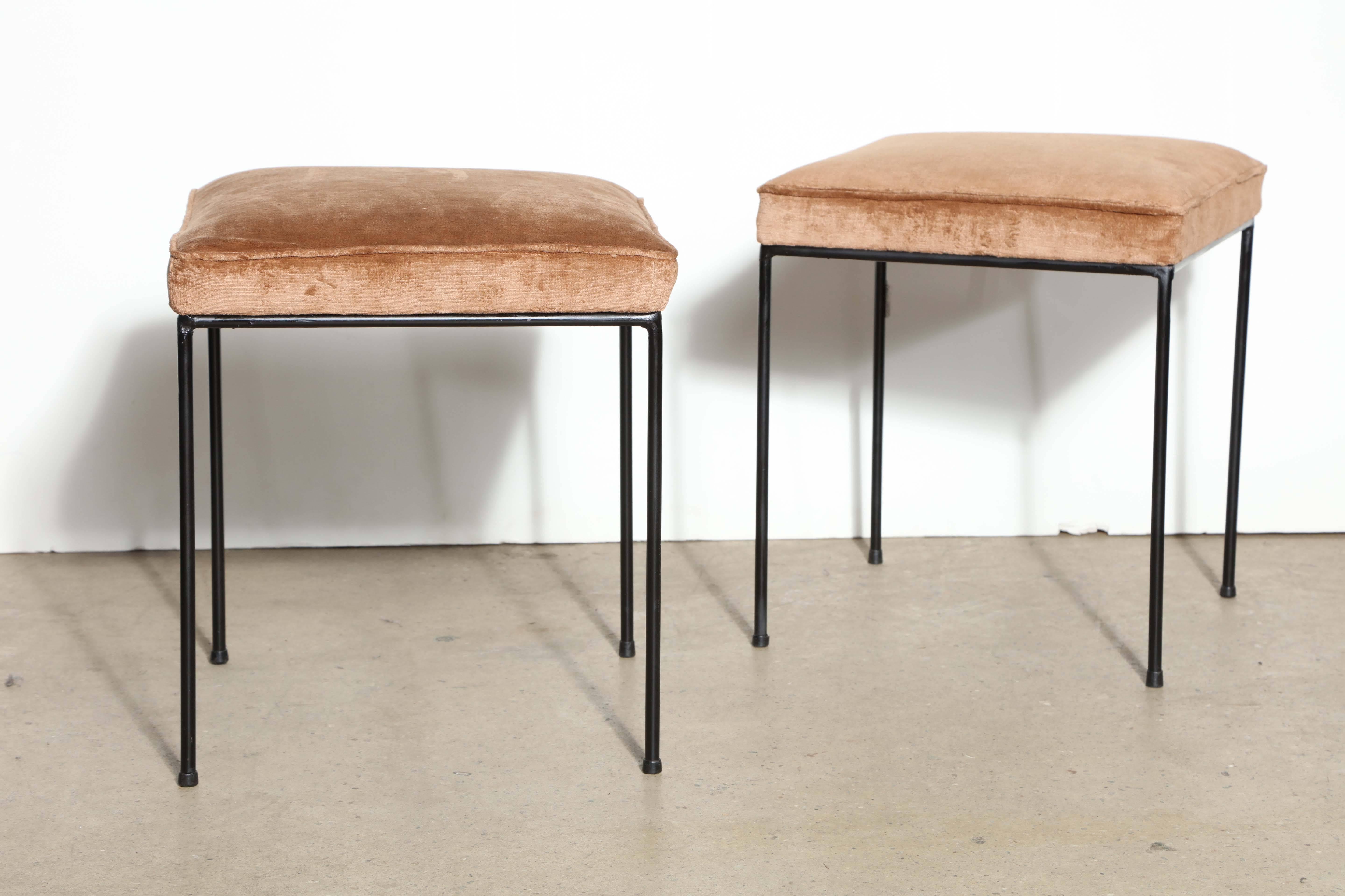 Mid-Century Modern Pair of 1950s Frederick Weinberg Wrought Iron and Cashmere Stools