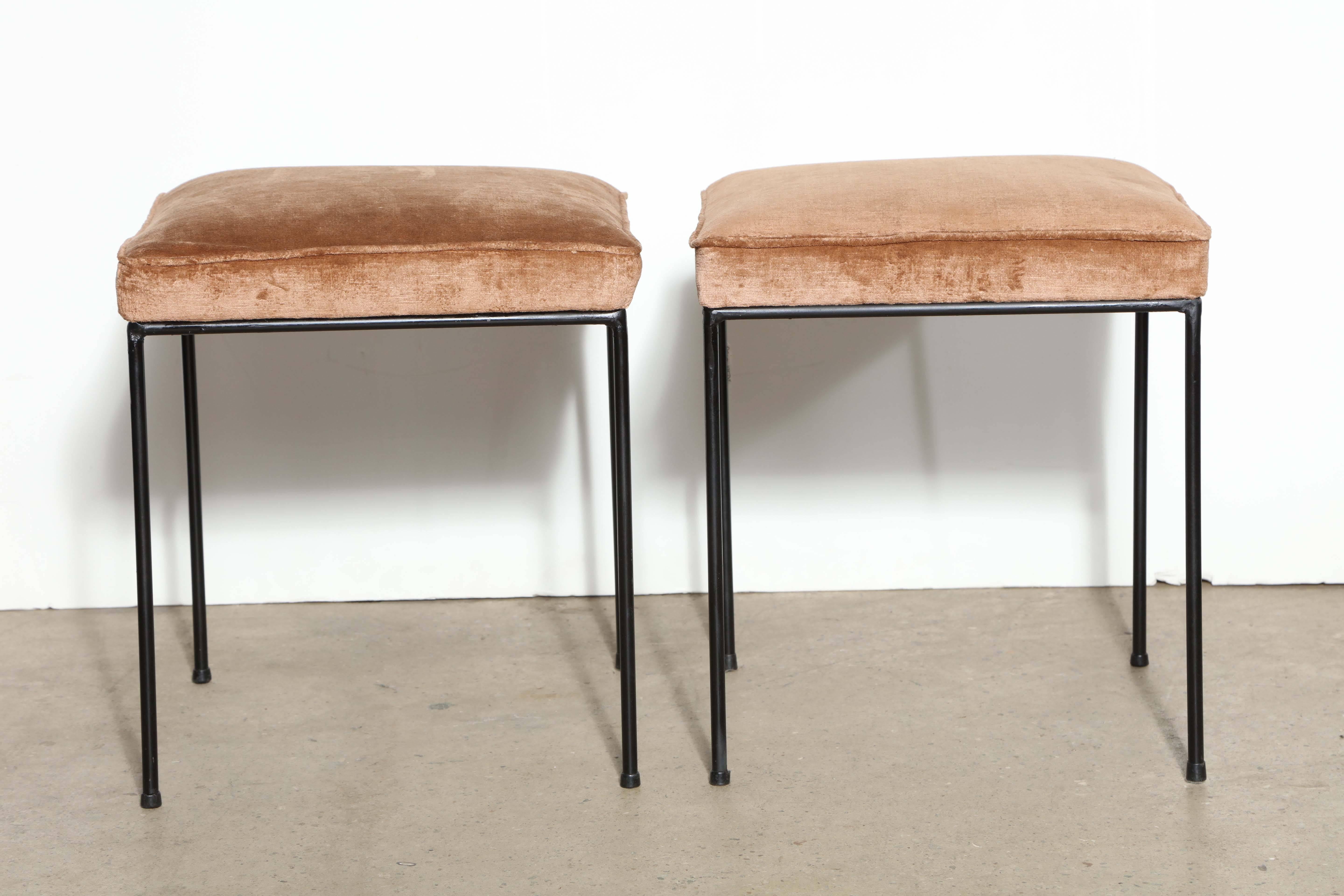 American Pair of 1950s Frederick Weinberg Wrought Iron and Cashmere Stools