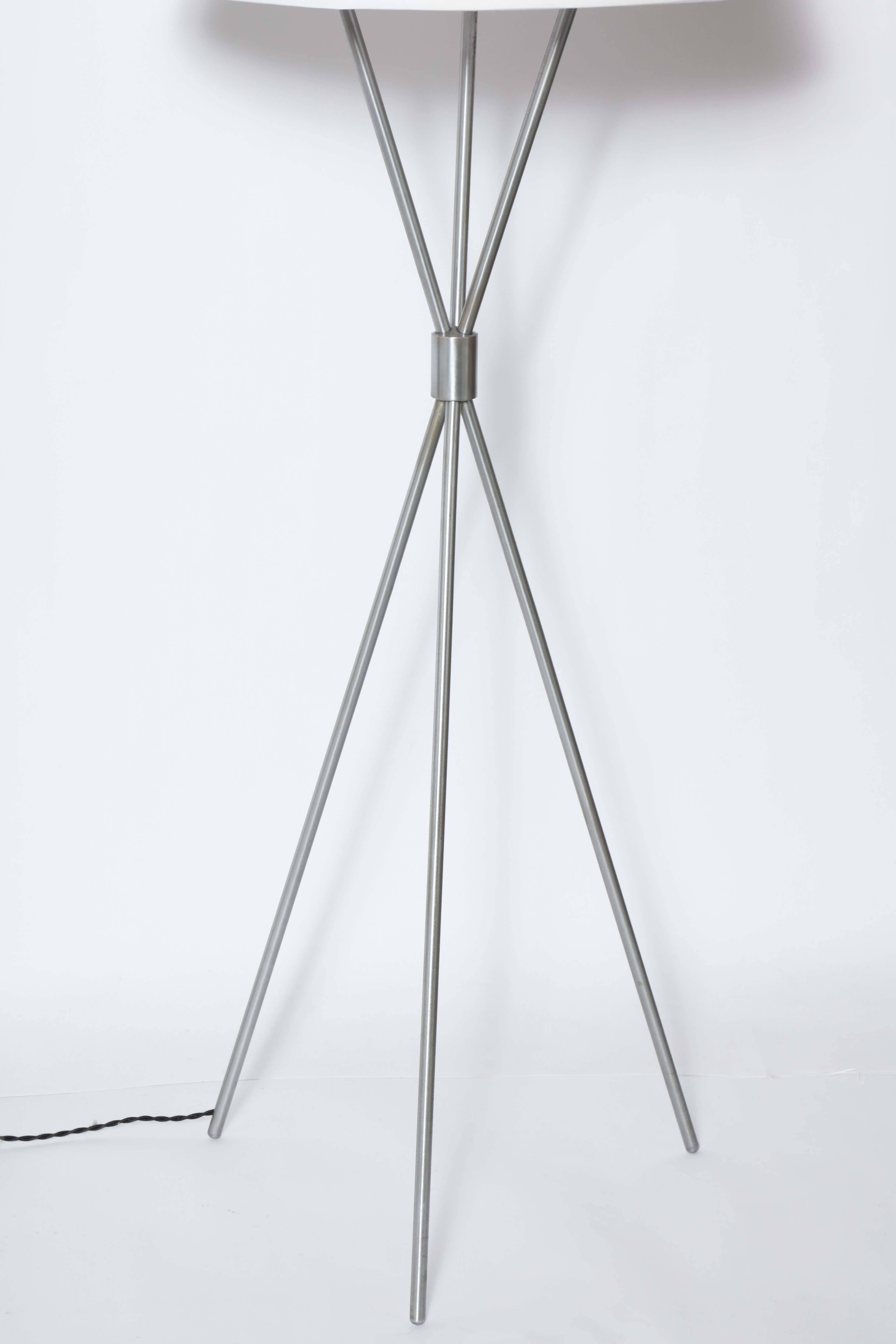 Robsjohn-Gibbings for Hansen Lighting Co. Model 201-M Brushed Nickel Tripod Floor Lamp, Early 1950's.  Featuring Brushed Nickel and Nickel Plate tripod legs, cylindrical clasp and new (9H x 20D) White Parchment Lampshade covering original frame.