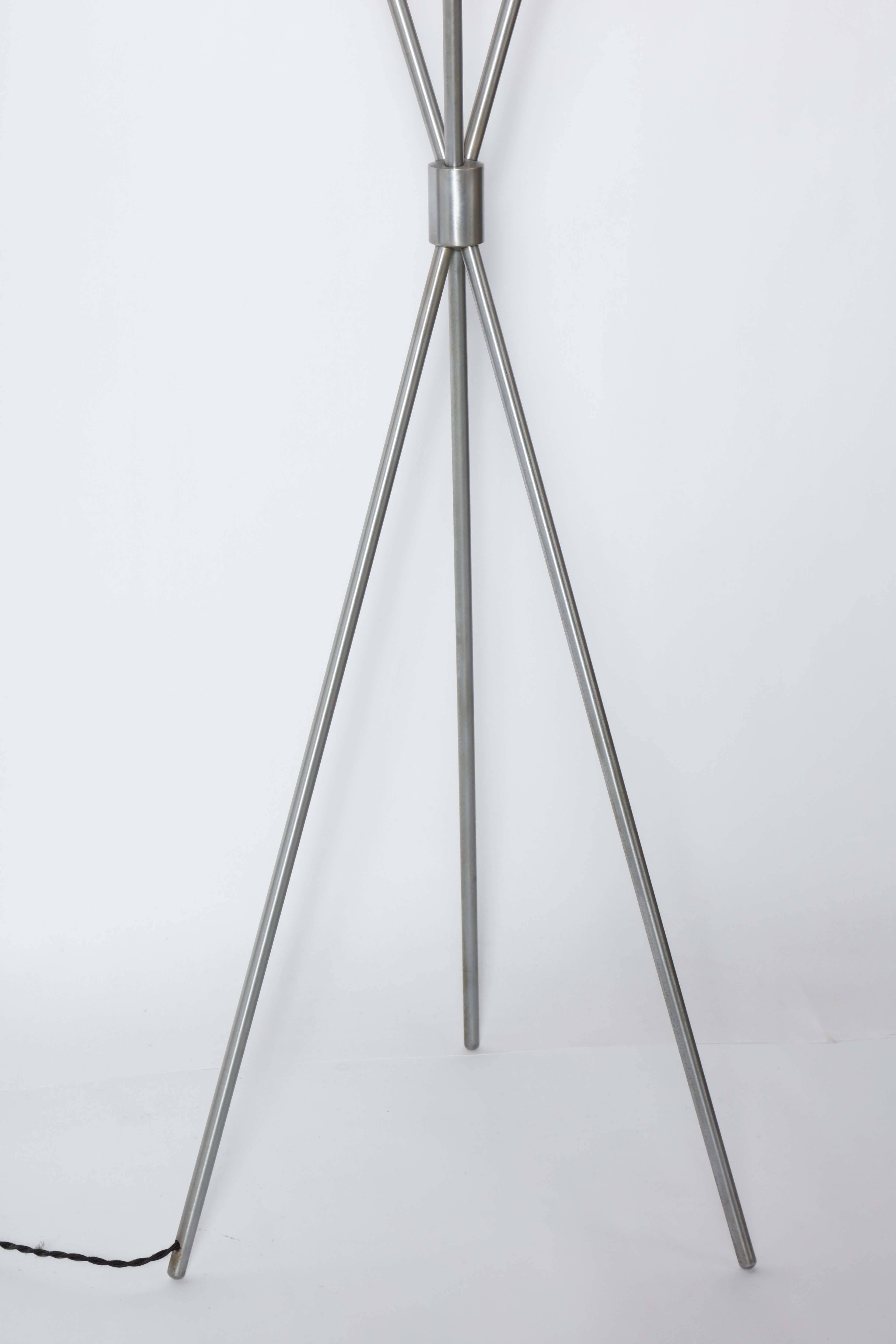 Mid-Century Modern T. H. Robsjohn-Gibbings Brushed Nickel Tripod Floor Lamp with Parchment Shade For Sale