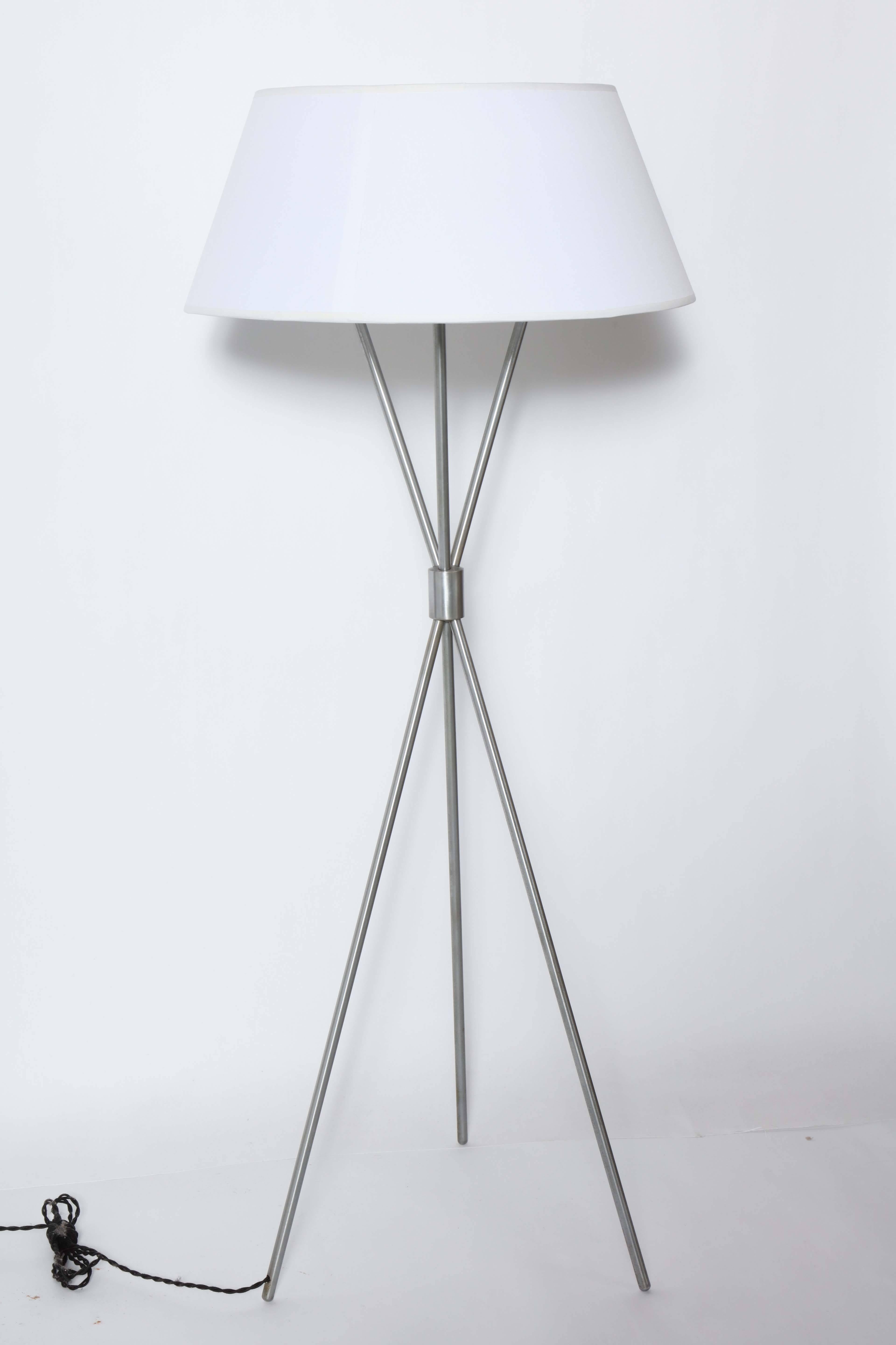 Mid-20th Century T. H. Robsjohn-Gibbings Brushed Nickel Tripod Floor Lamp with Parchment Shade For Sale