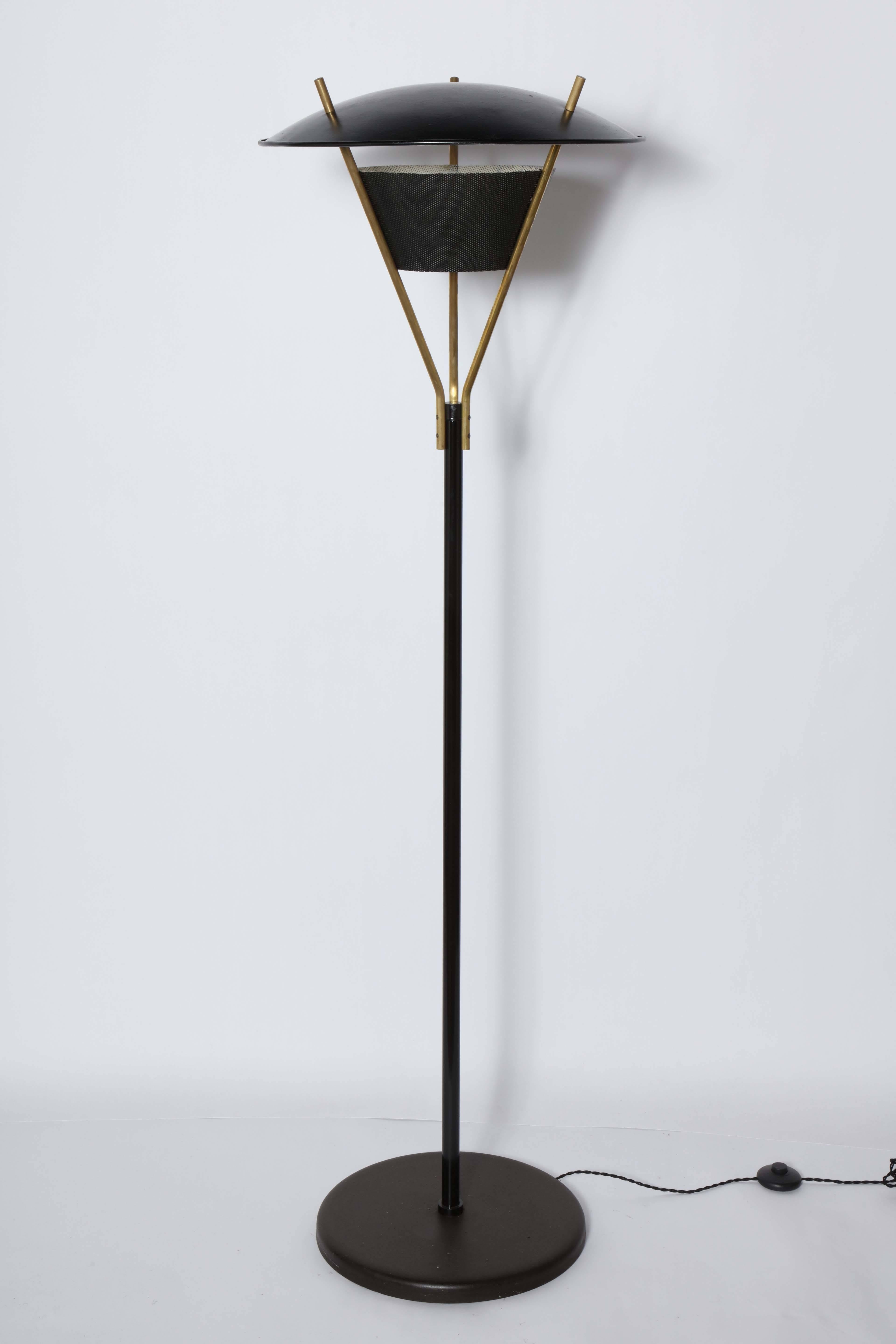 Tall Thomas Moser Black Enamel and Brass Floor Lamp with Black Shade, 1950s  1