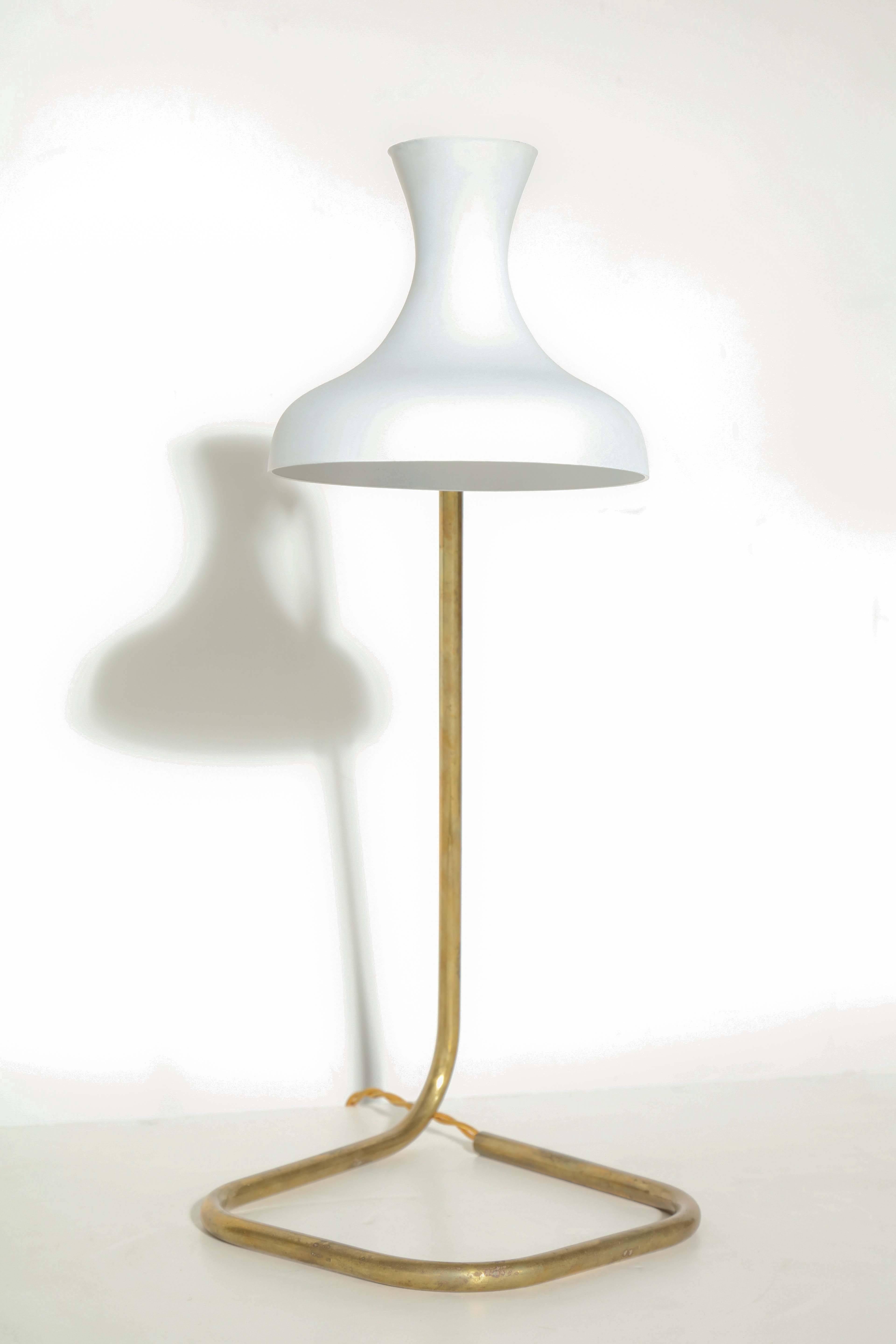 European 1950s Brass French Desk Lamp with White Shade
