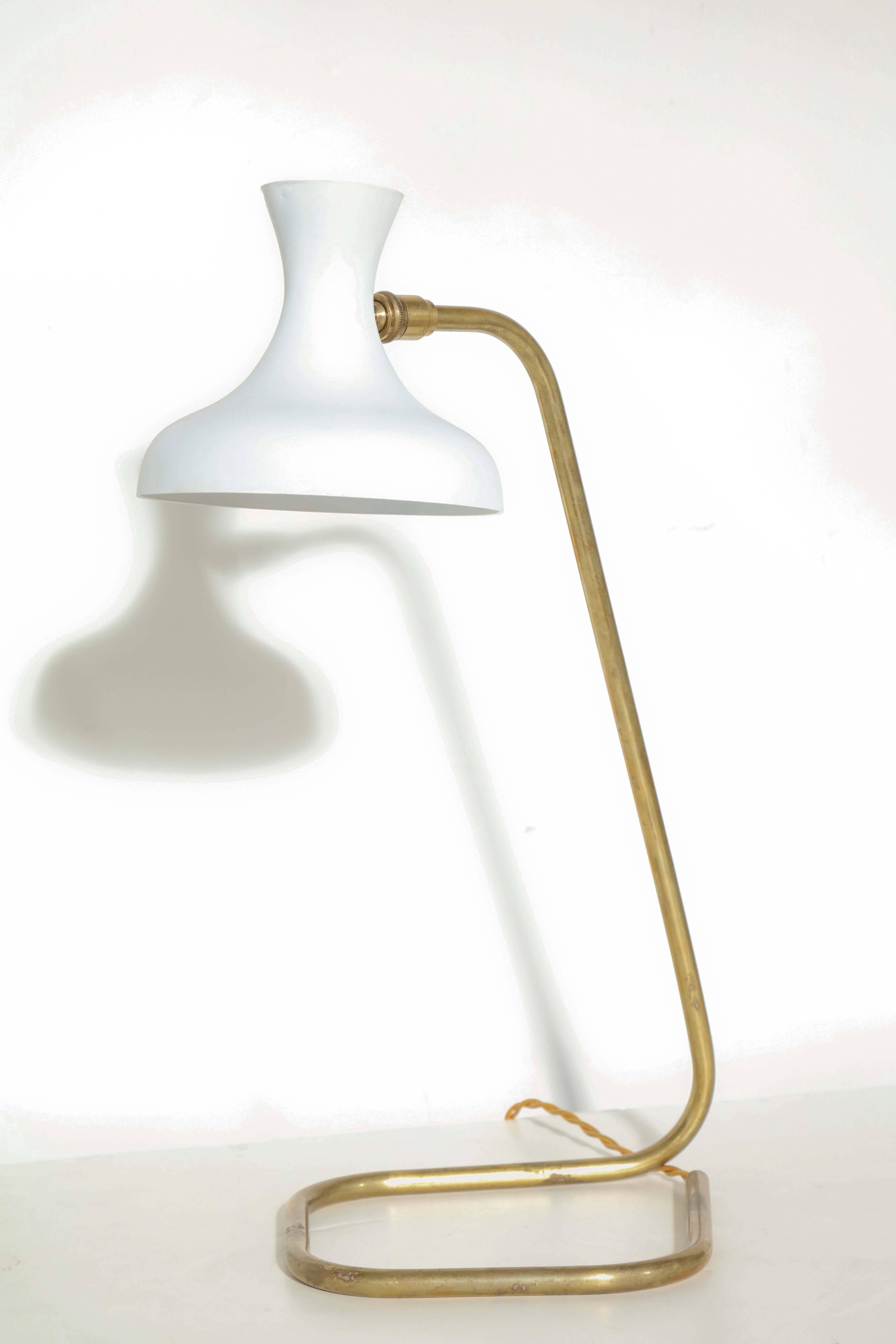 Enameled 1950s Brass French Desk Lamp with White Shade