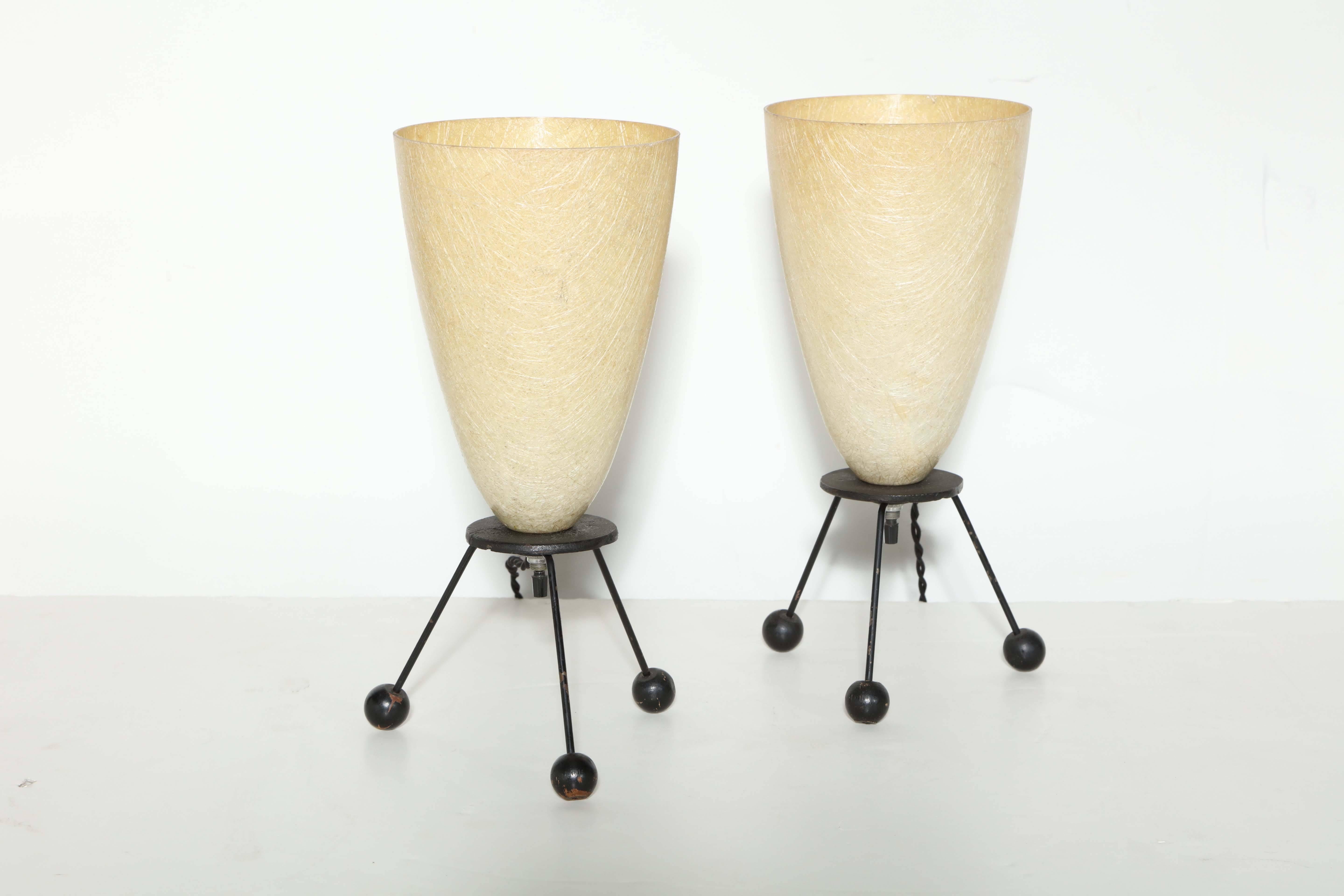Mid-Century Modern Pair of Tony Paul Style Black Wire Tripod Lamps with Cream Cone Shades 