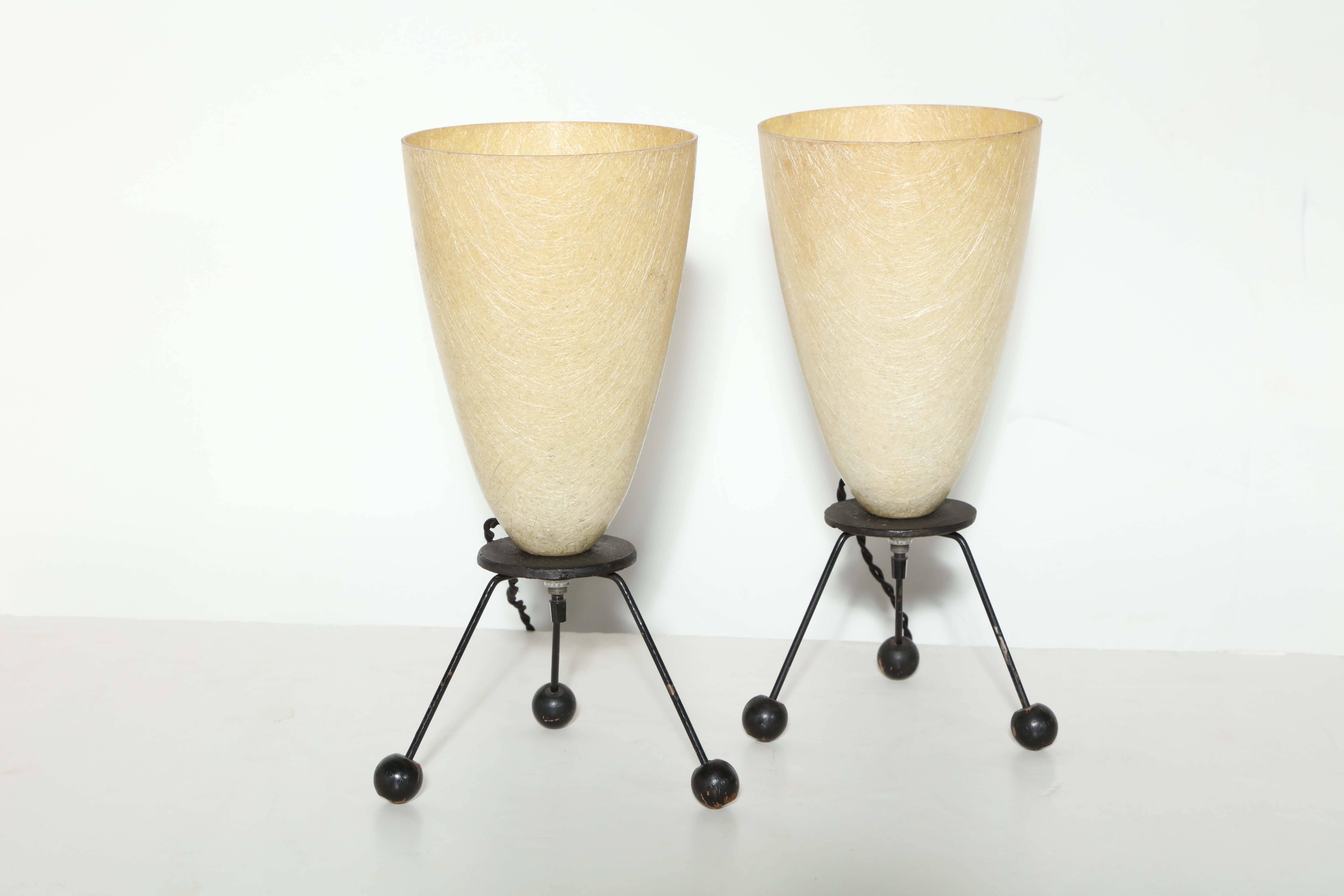 American Pair of Tony Paul Style Black Wire Tripod Lamps with Cream Cone Shades 