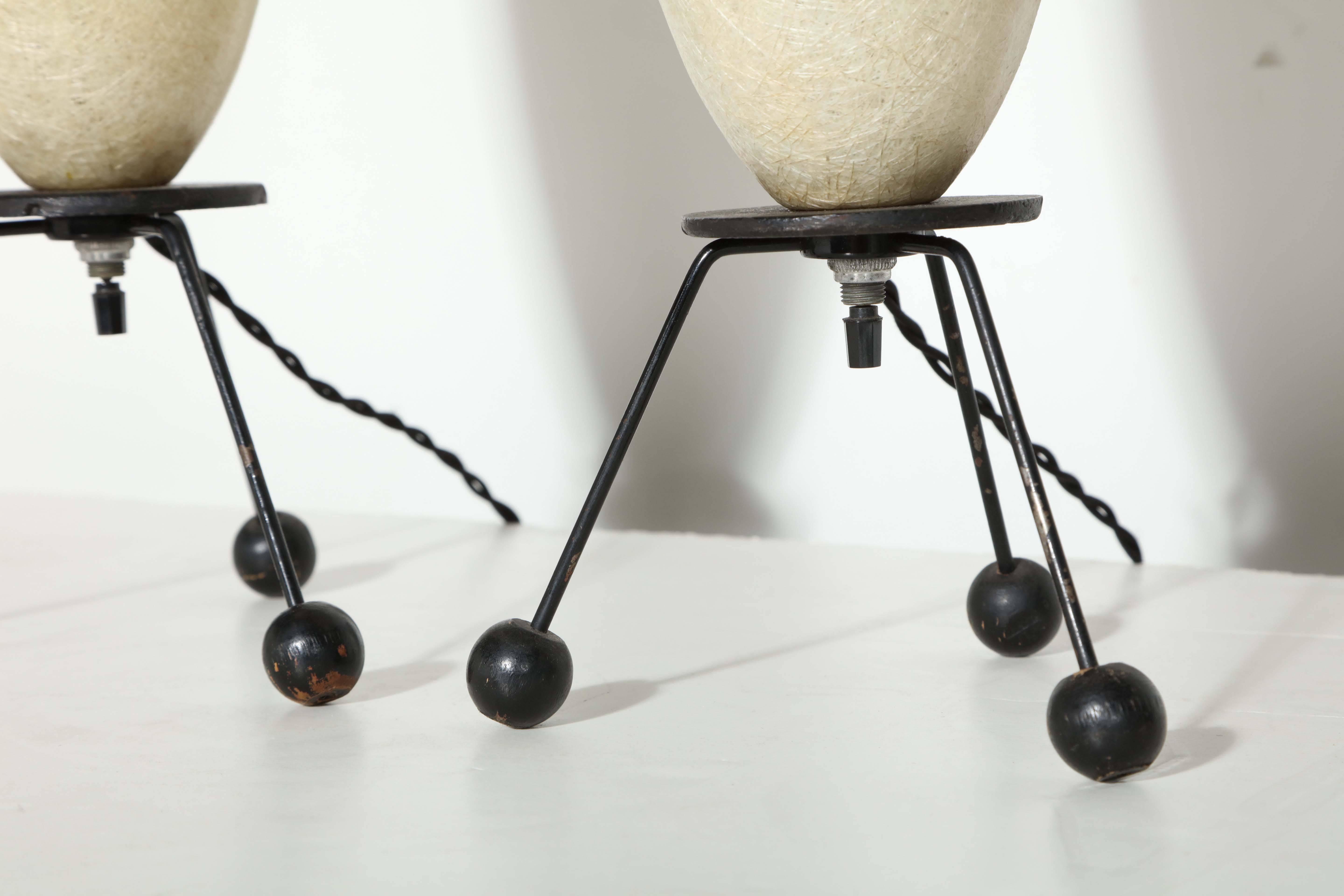 Pair of Tony Paul Style Black Wire Tripod Lamps with Cream Cone Shades  In Good Condition In Bainbridge, NY