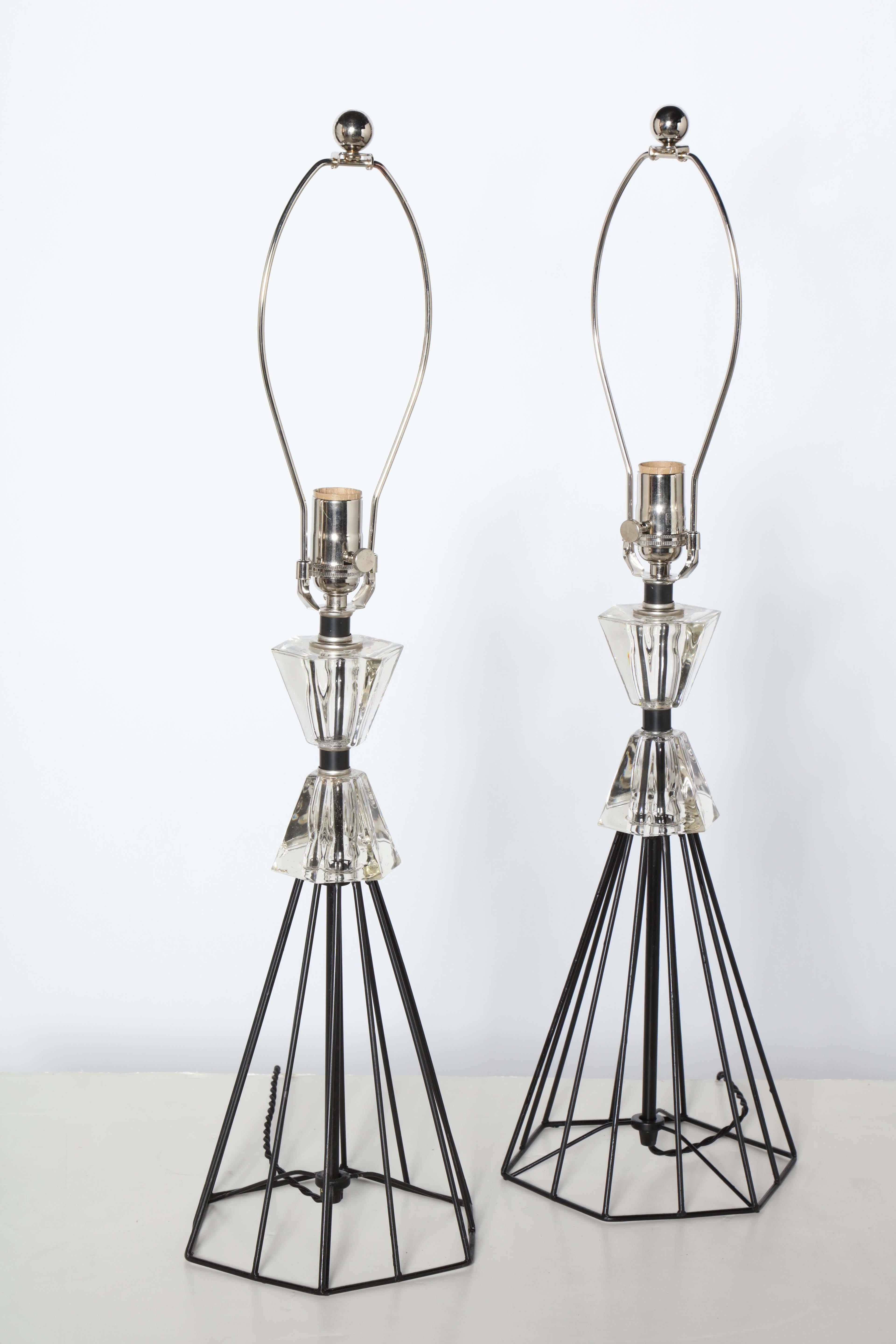 Hollywood Regency Pair of 1950s Black Wire and Crystal Lamps