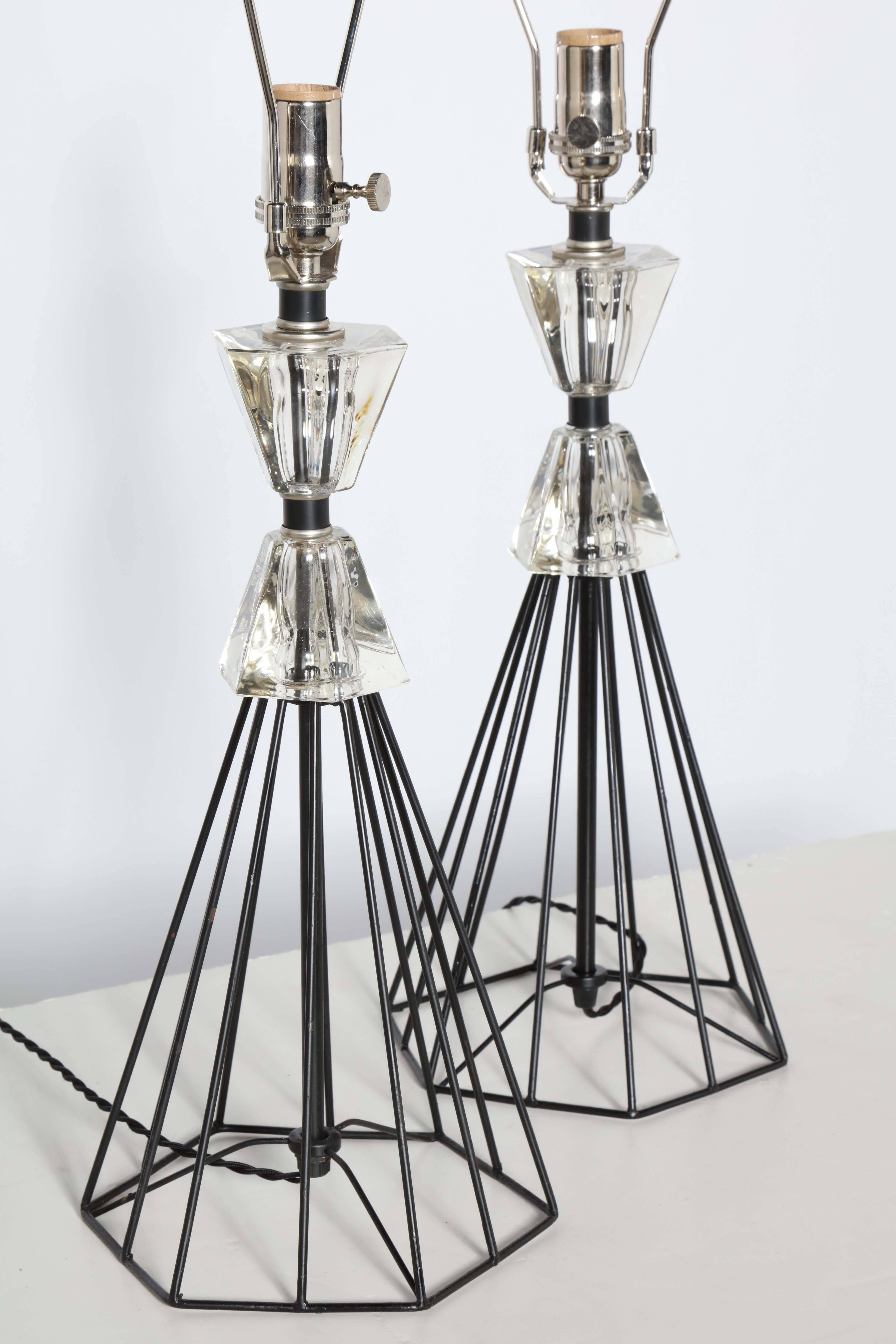 American Pair of 1950s Black Wire and Crystal Lamps